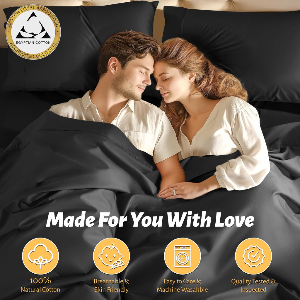 Shilucheng 100% Egyptian Cotton Sheets Set - 1000 Thread Count,Luxury Cotton Bed Sheets,Breathable & Cooling Bedding And Pillow Cases, 16 Inch Deep Pocket - 4 Piece (Black, Full)