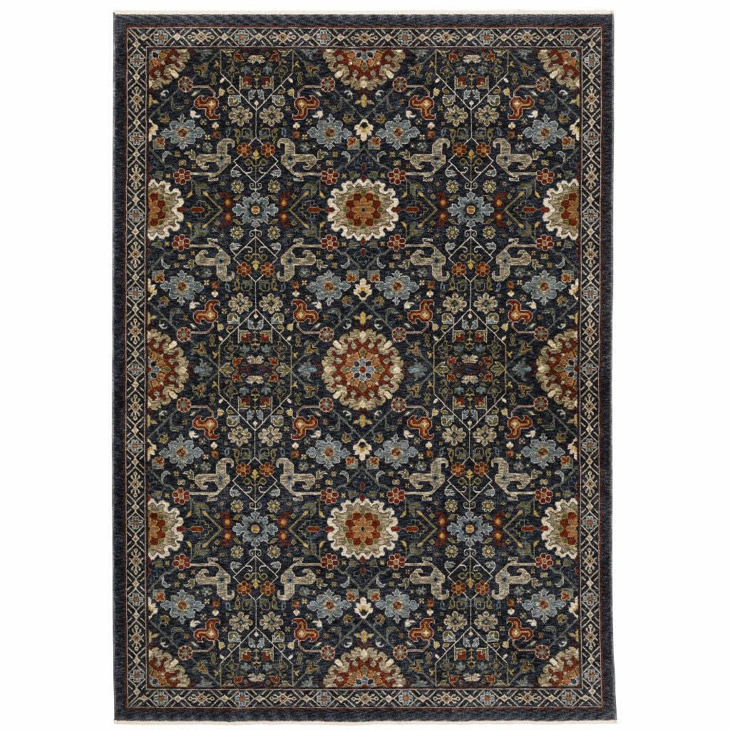 HomeRoots 507974 10 x 13 ft. Blue Red Ivory & Gold Oriental Power Loom Stain Resistant Rectangle Area Rug with Fringe