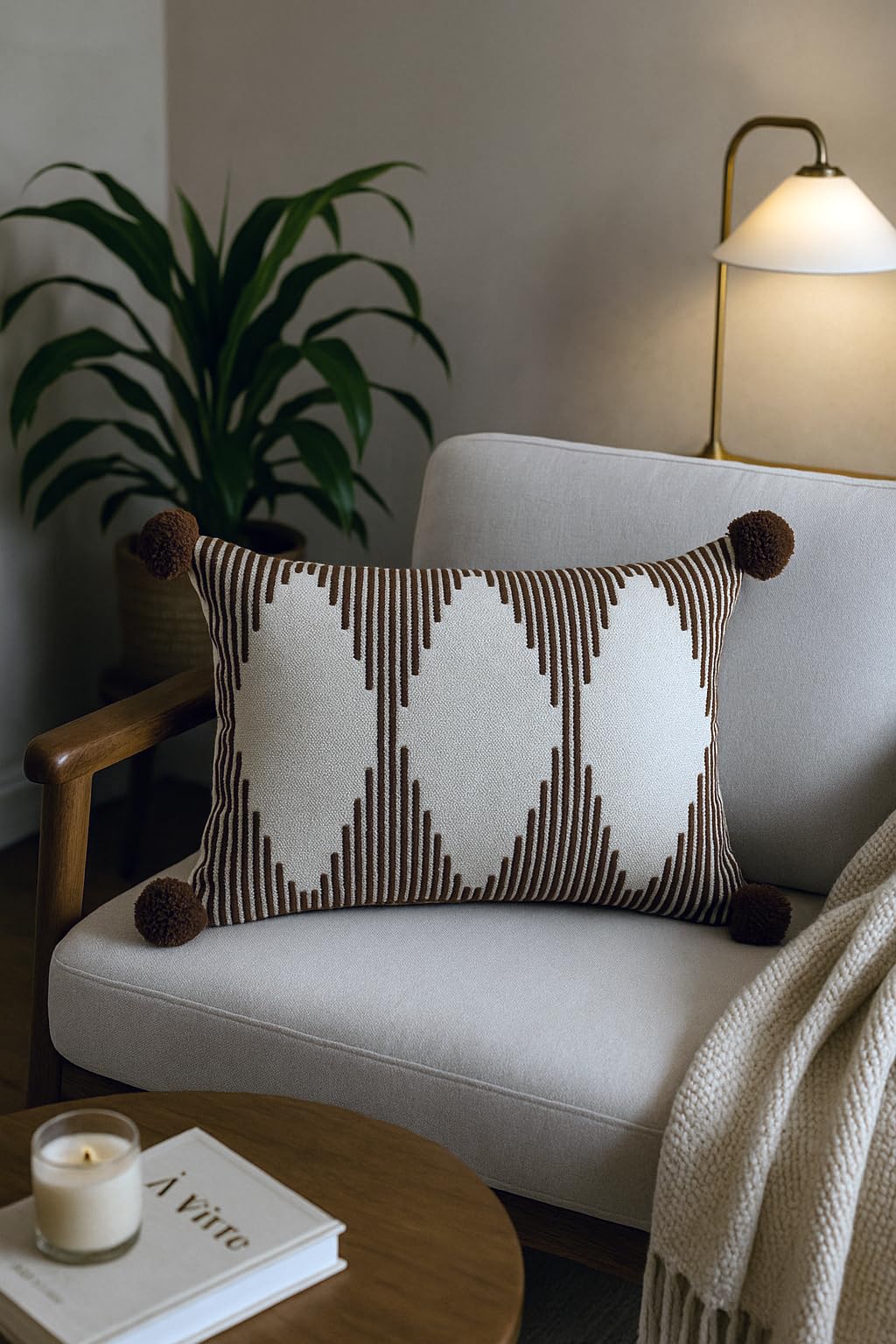 Amitra Weave India Cotton With PomPom Embroidered Stitched Zippered Cushion Cover (Brown) | 12 X 18 Inches | Set Of 4|