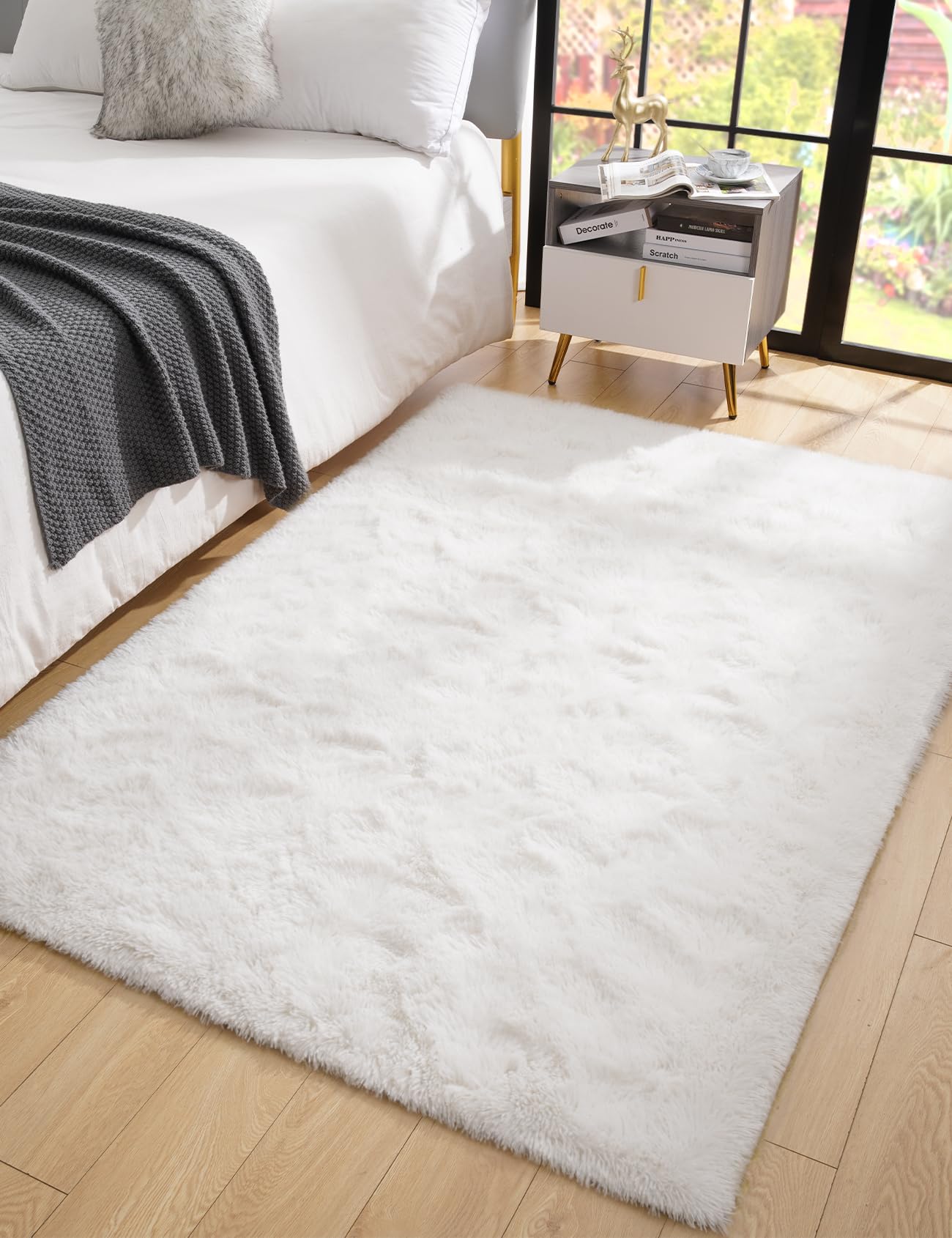 Macgace Fluffy Area Rugs for Bedroom Decor Aesthetic, 3x5 White Shag Rug with Non-Slip Dots for Living Room, Fuzzy Plush Carpet 