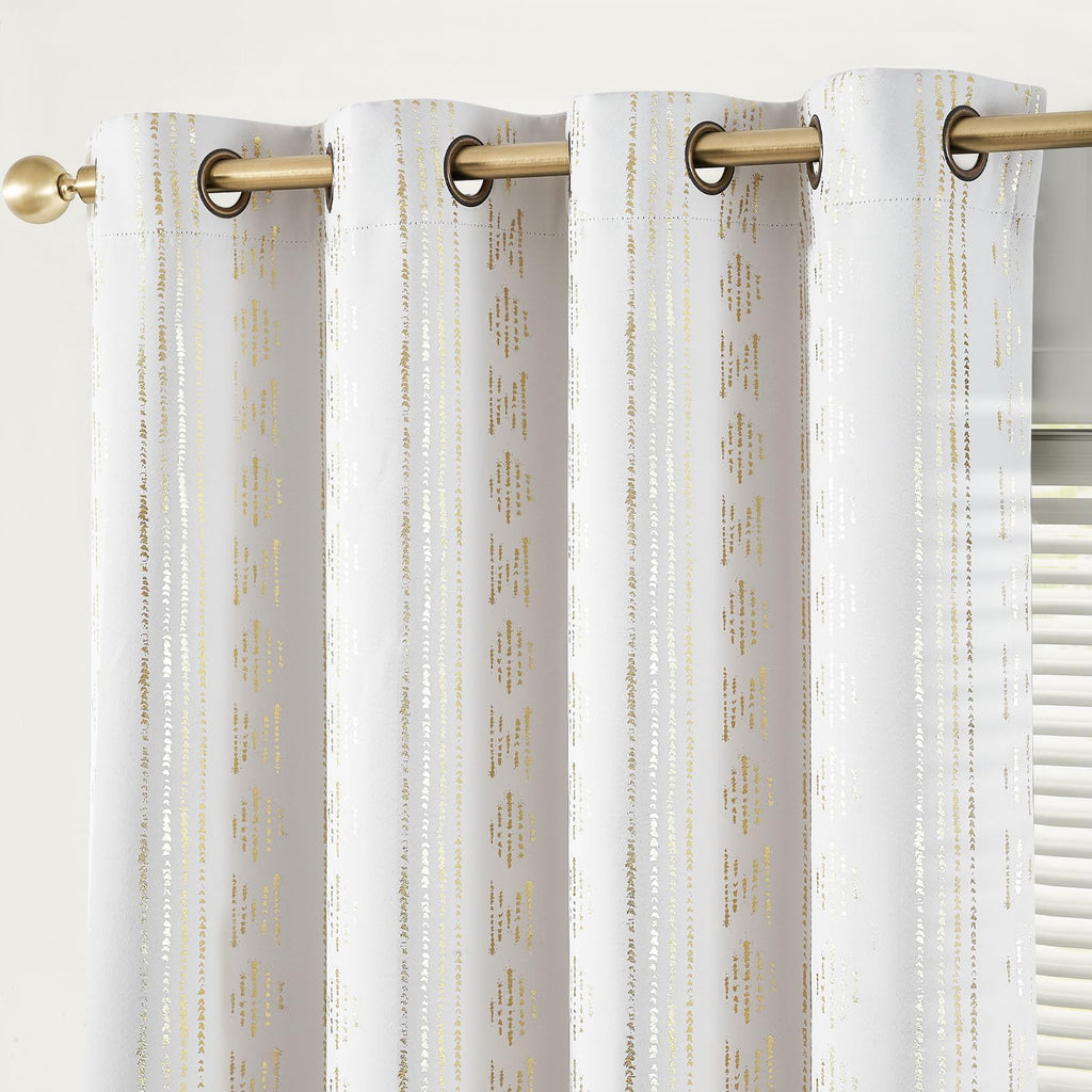 Jinchan 100% Blackout Boho Curtains 72 Inches Long For Bedroom Living Room Golden Geometric Foil Printed Grommet Top Room Darkening Thermal Insulated Window Drapes Off White 52X72 2 Panels