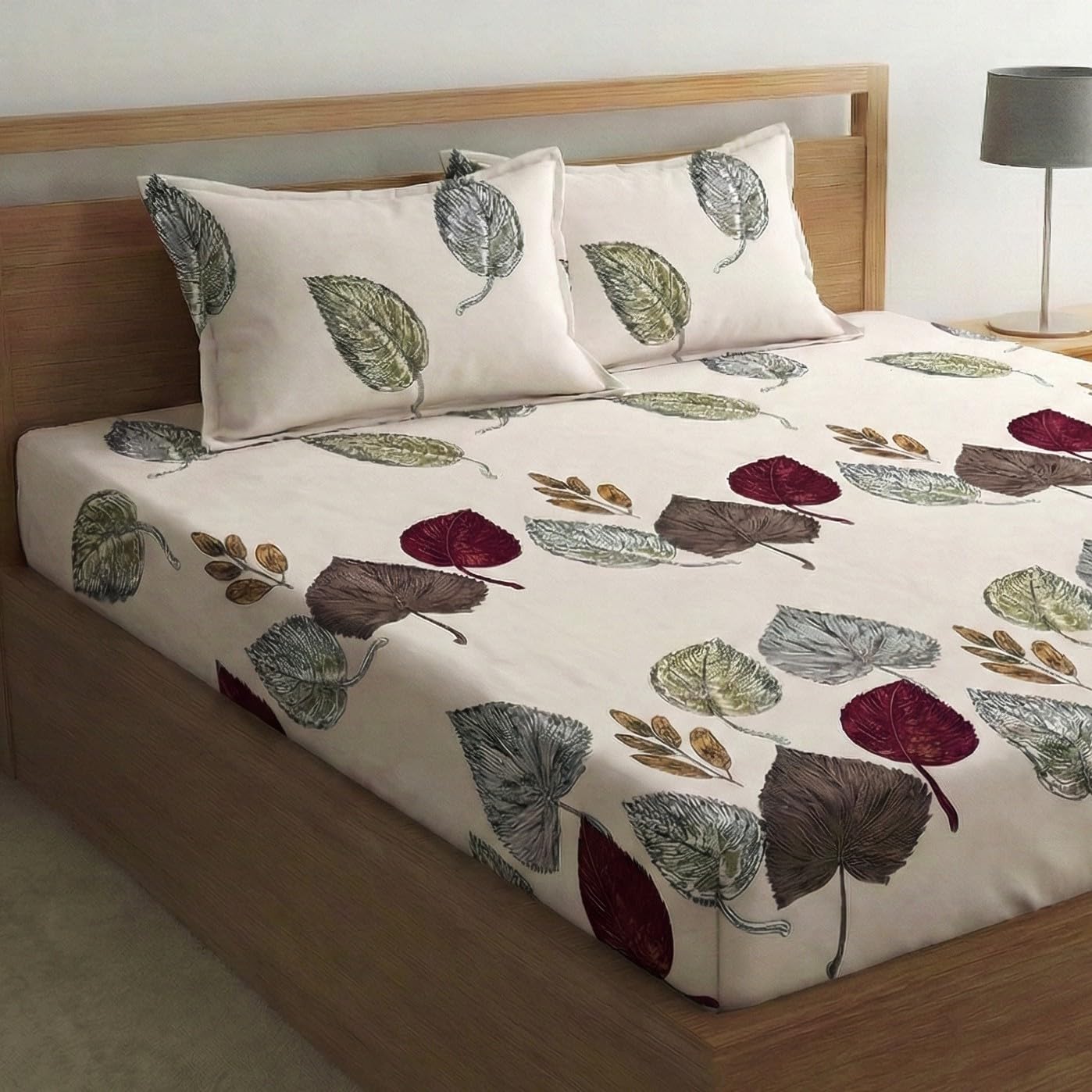 Home Sizzler 210 Tc Microfibre Autumn Leaves Print Double Fitted Bedsheet (72X78 Inch) With 2 King Size Pillow Covers