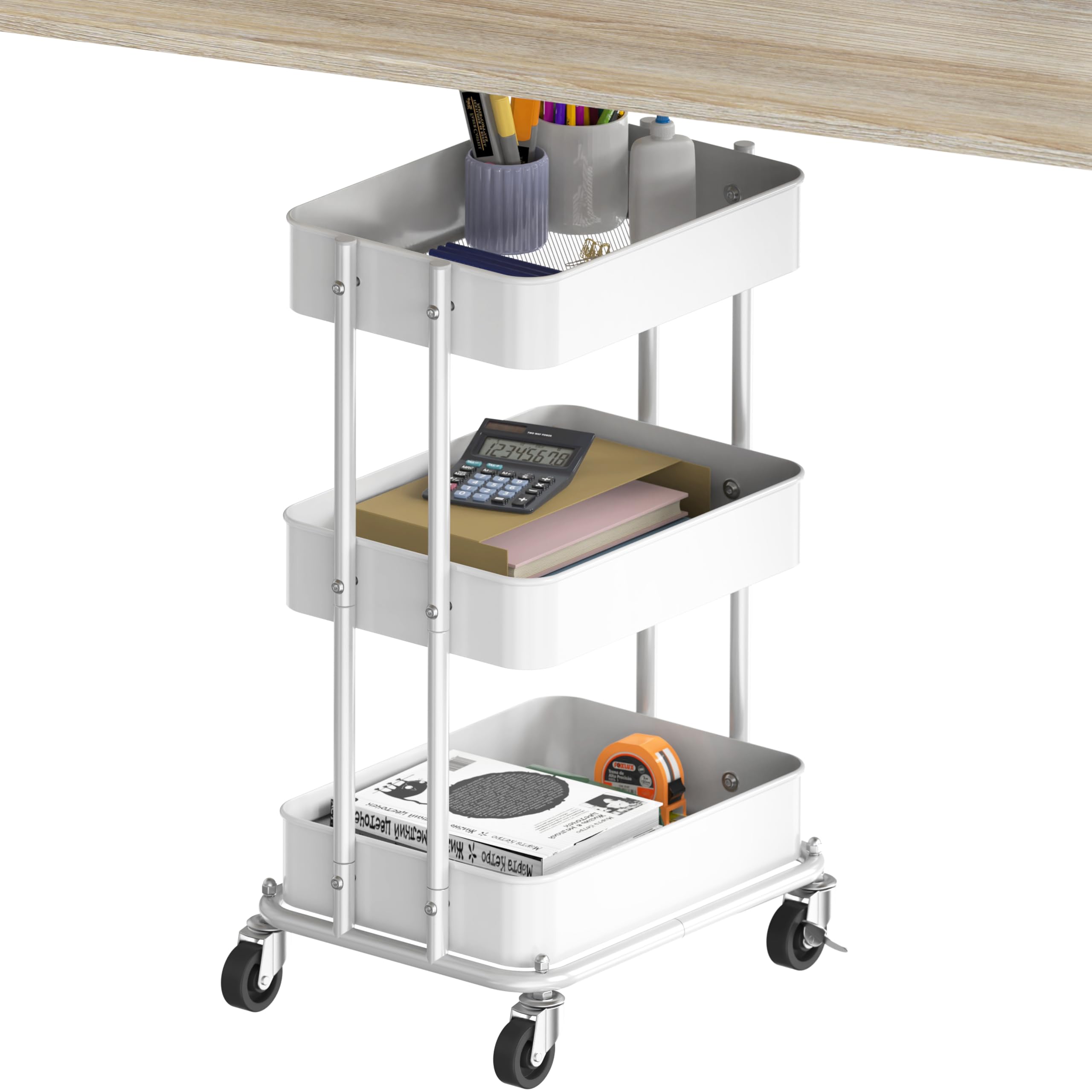 Simple Houseware 3-Tier Compact Utility Rolling Cart, Low 24    Height Fits Under Desk, Space-Saving Storage for Home Office, Di