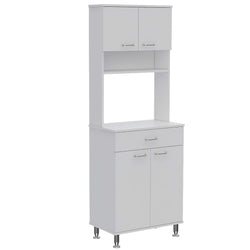 Pantry Cabinet 67" H, 4 Doors, 1 Drawer, 3 Internal Shelves, 2 External Storage Shelves, Microwave Storage Option, 4 Legs, White