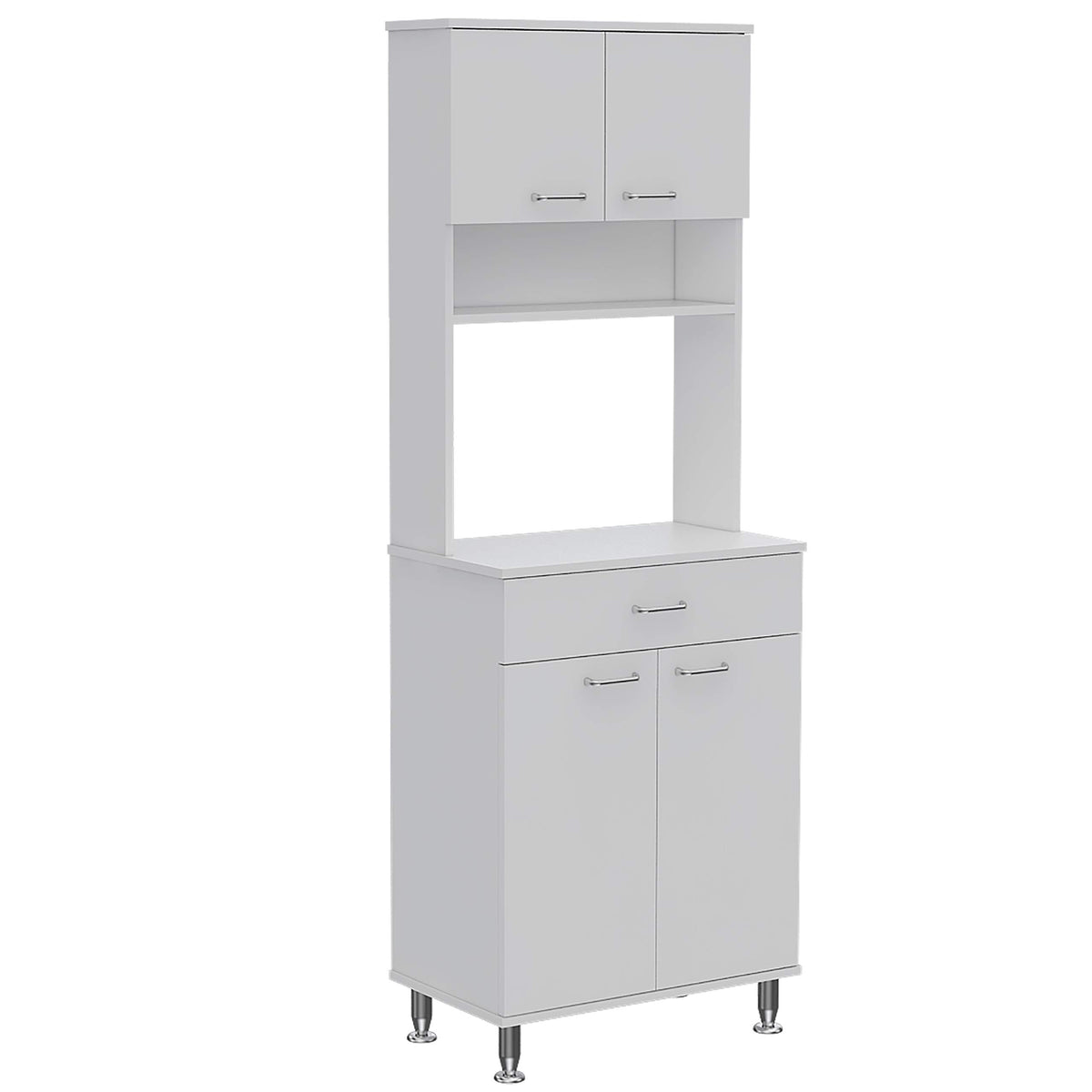 Pantry Cabinet 67" H, 4 Doors, 1 Drawer, 3 Internal Shelves, 2 External Storage Shelves, Microwave Storage Option, 4 Legs, White
