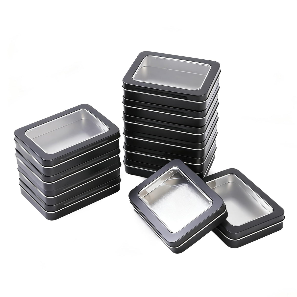 12 Pack Empty Rectangular Metal Storage Organizer Tins with Clear Window Hinged Lids for Small Items and Other Craft Projects, 4