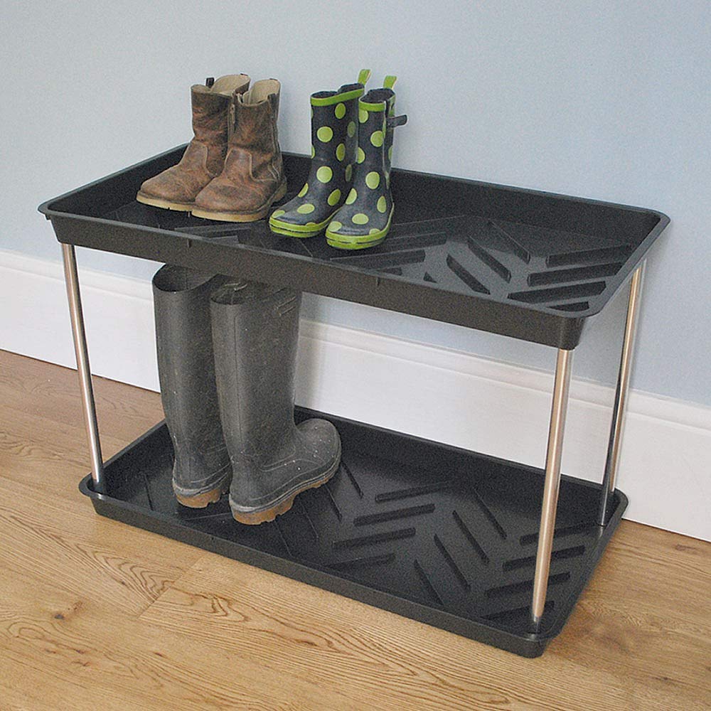 Tierra Garden 2-Tiered Recycled Plastic Boot Tray, Durable 2 Tier Shoe Rack for Boots (Black)