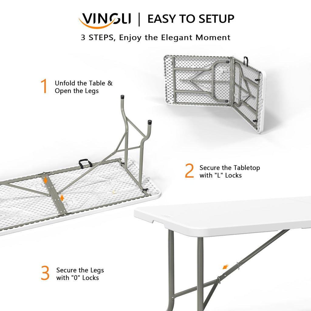 Vingli 6 Foot Plastic Folding Table Portable Long Table For Indoor Outdoor Use Rectangular With Carrying Handle, Smooth Hdpe Tabletop, White