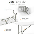 Vingli 6 Foot Plastic Folding Table Portable Long Table For Indoor Outdoor Use Rectangular With Carrying Handle, Smooth Hdpe Tabletop, White
