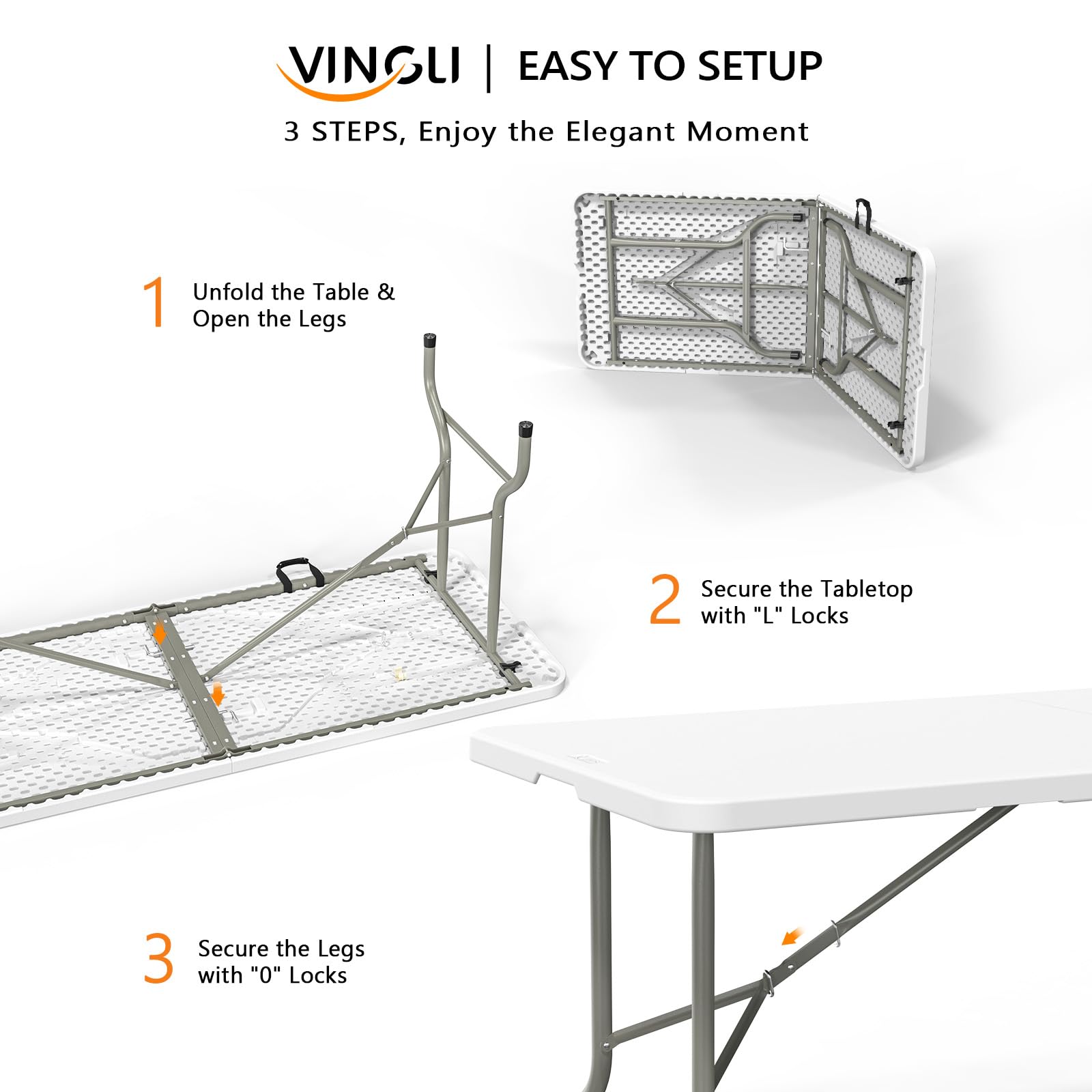 Vingli 6 Foot Plastic Folding Table Portable Long Table For Indoor Outdoor Use Rectangular With Carrying Handle, Smooth Hdpe Tabletop, White