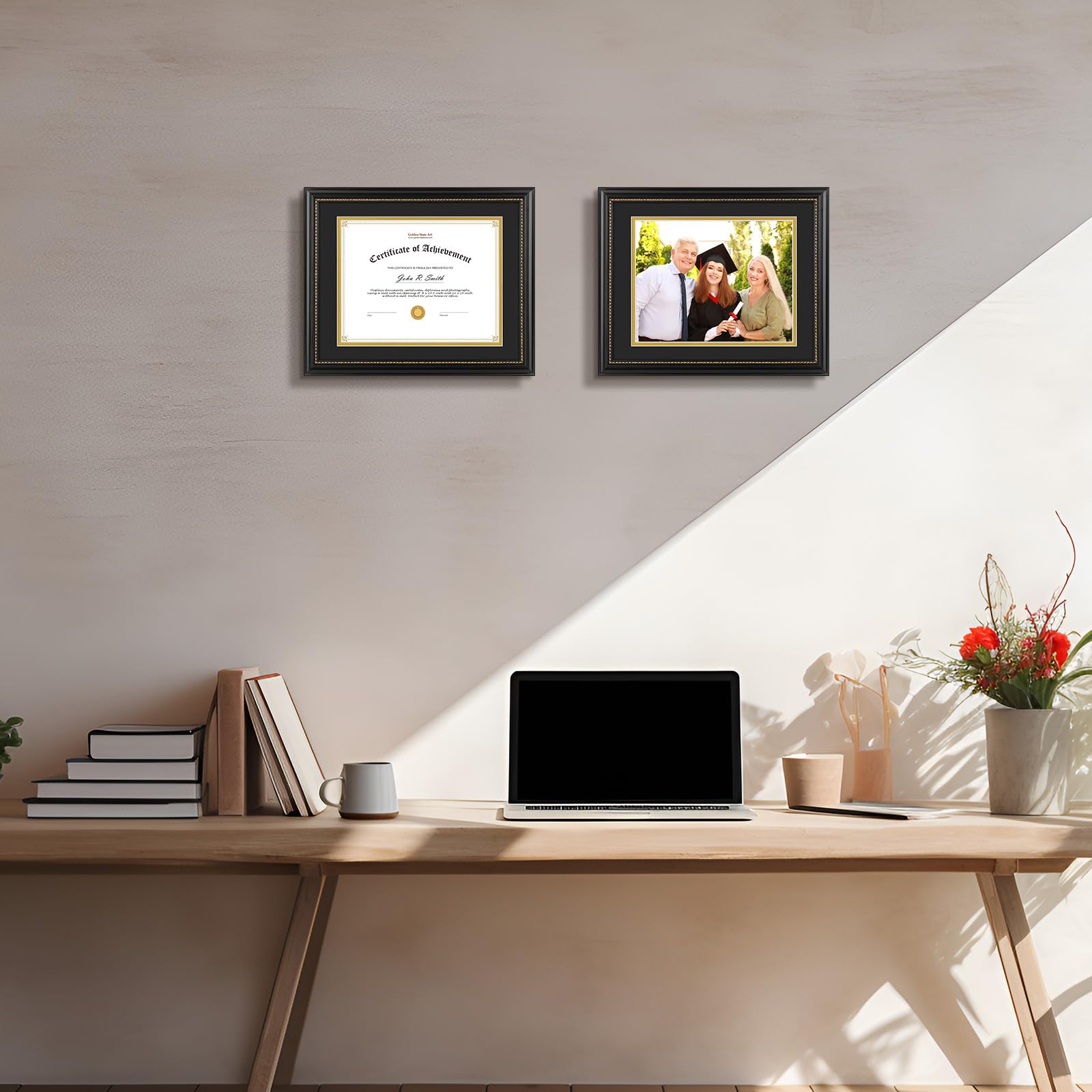 Golden State Art, 8.5X11 Diploma Frame, Solid Wood Black With Gold Trim Certificate Frame, 8.5X11 Inch Or 11X14 Diploma Without