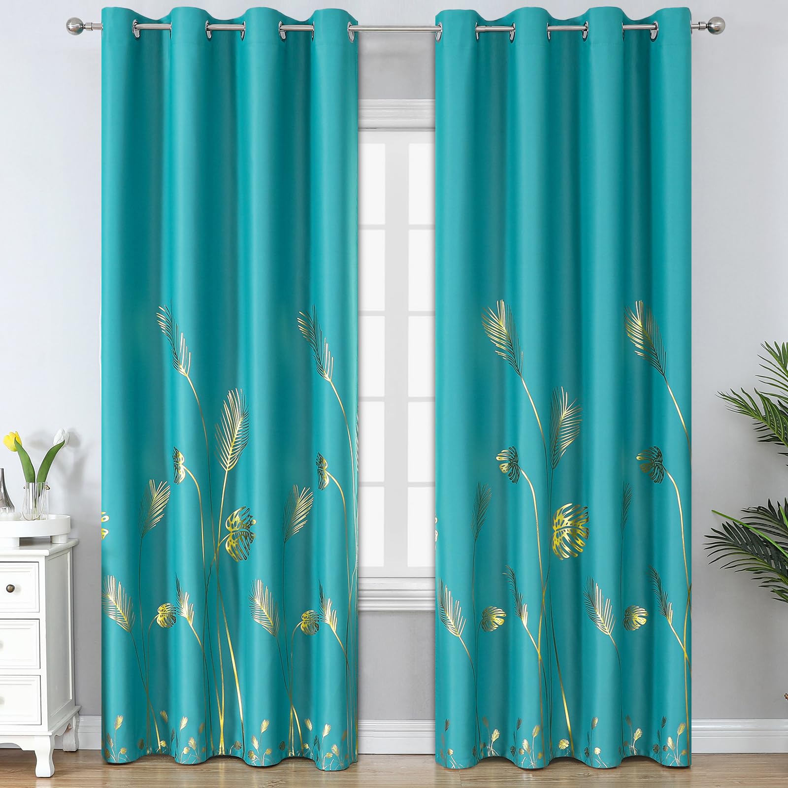 Estelar Textiler Teal Blackout Curtains 84 Inches Long, Grommet Curtains With Gold Palm Tree Pattern, Light Blocking Thermal Ins