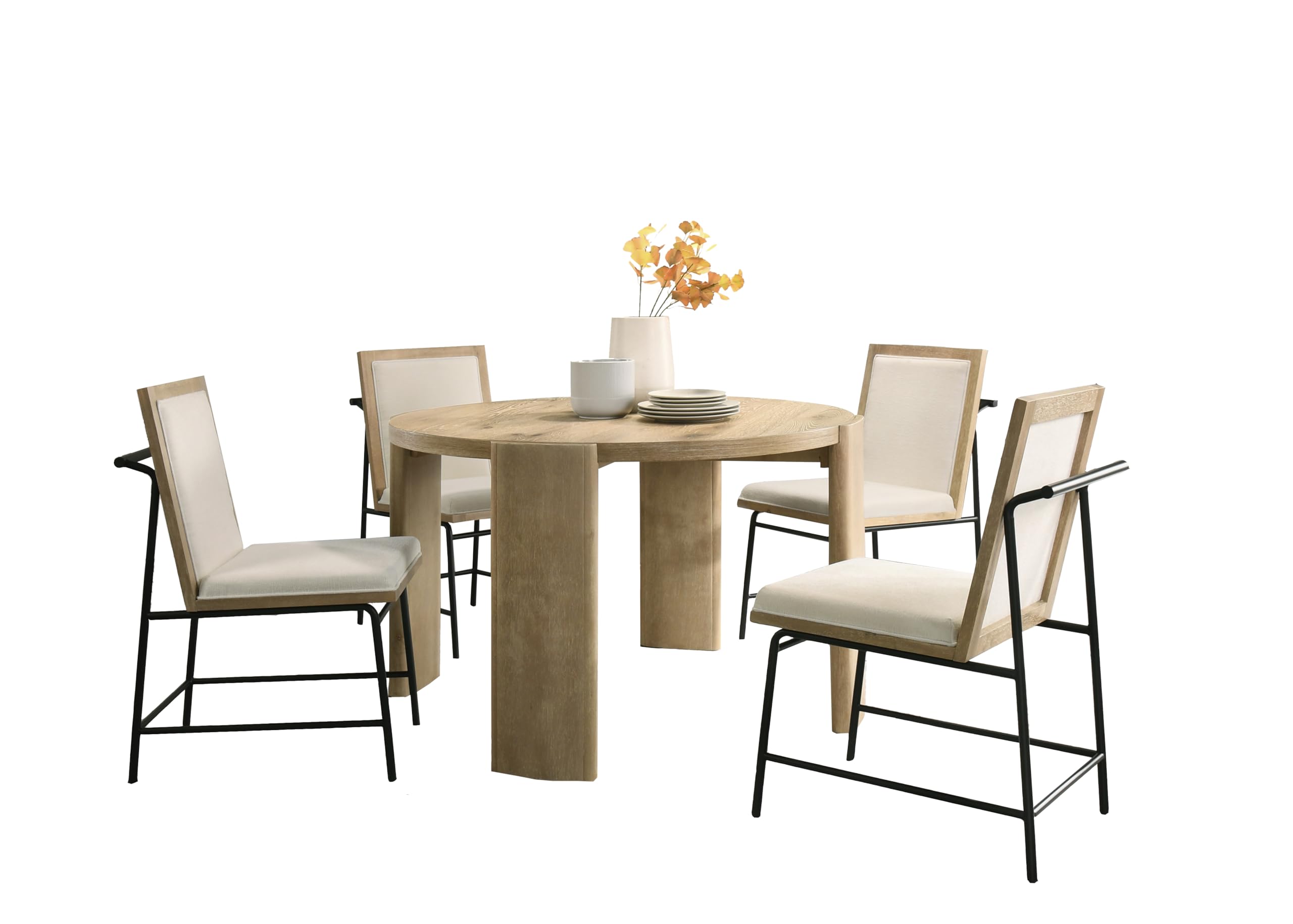 Bowen Oak Finish 47 Round Dining Table Set with Cream Color Upholstered Chairs