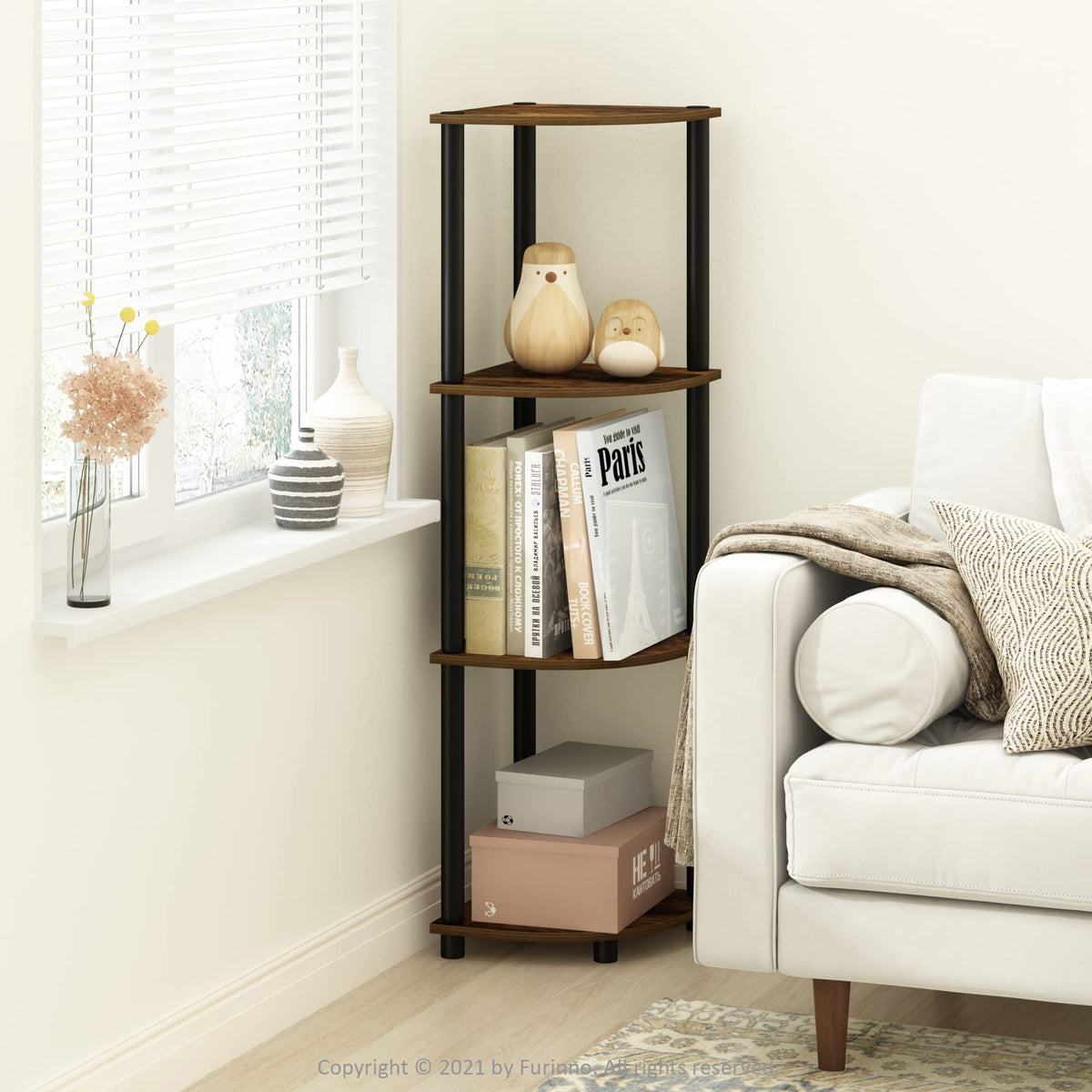 Furinno Turn-N-Tube 4-Tier Corner Display Rack Multipurpose Shelving Unit, Round, Amber Pine/Black