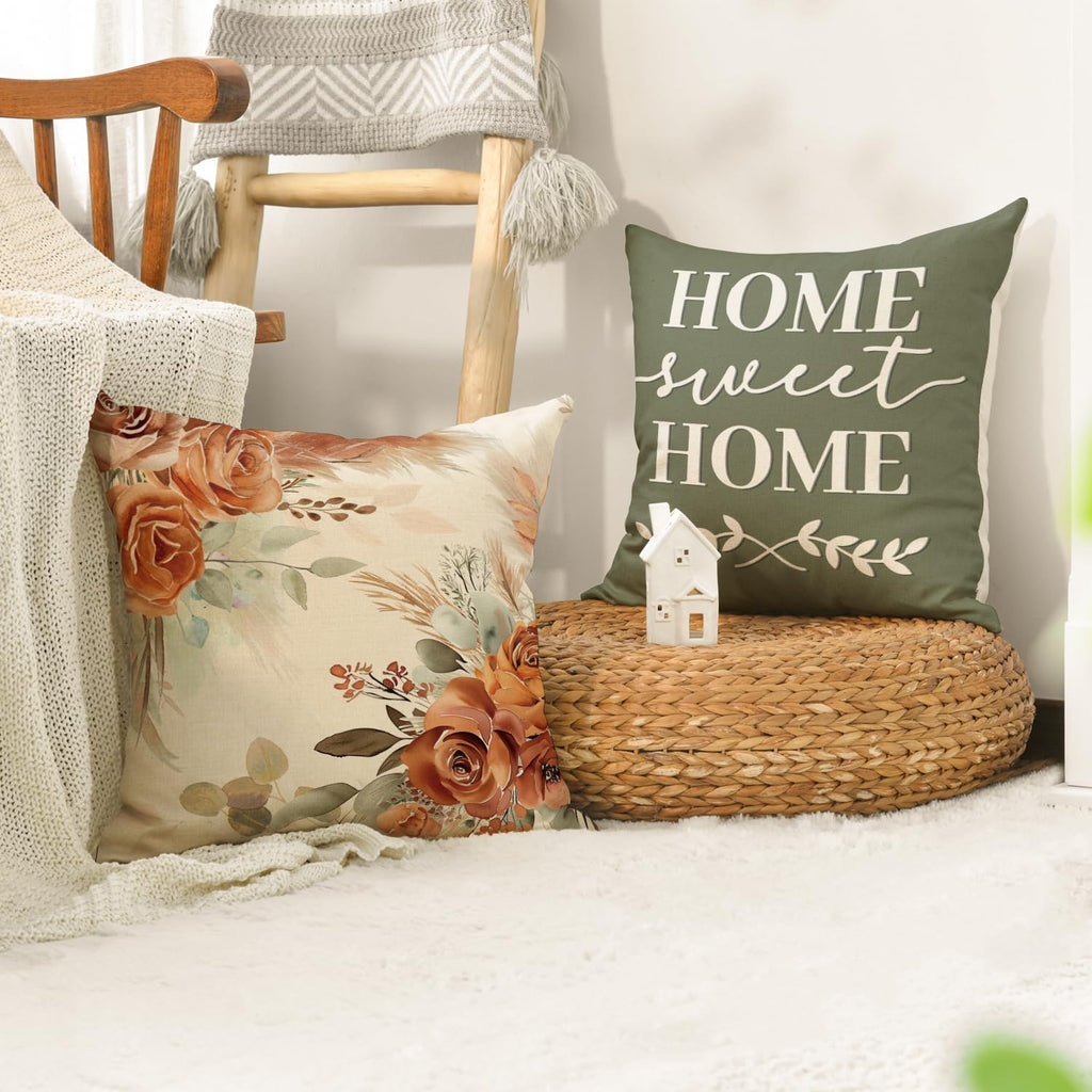 Avoin Colorlife Home Sweet Home Terracotta Sage Throw Pillow Covers, 20 X 20 Inch Seasonal Spring Fall Motto Cushion Case For So