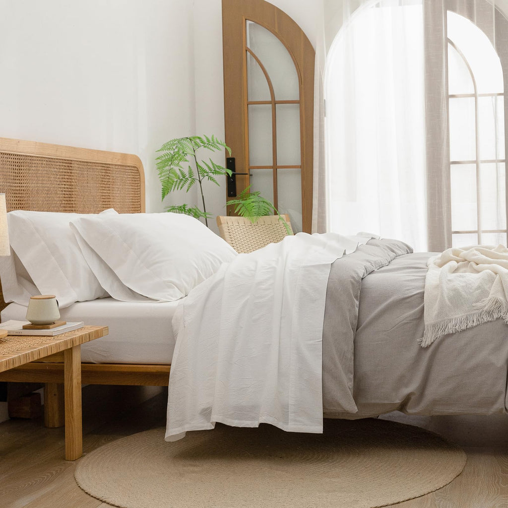 BESTOUCH Sheet Set 100% Washed Cotton Linen Feel Super Soft Comfortable Chic Lightweight 4 Pcs Home Bedding Set Solid Off White 