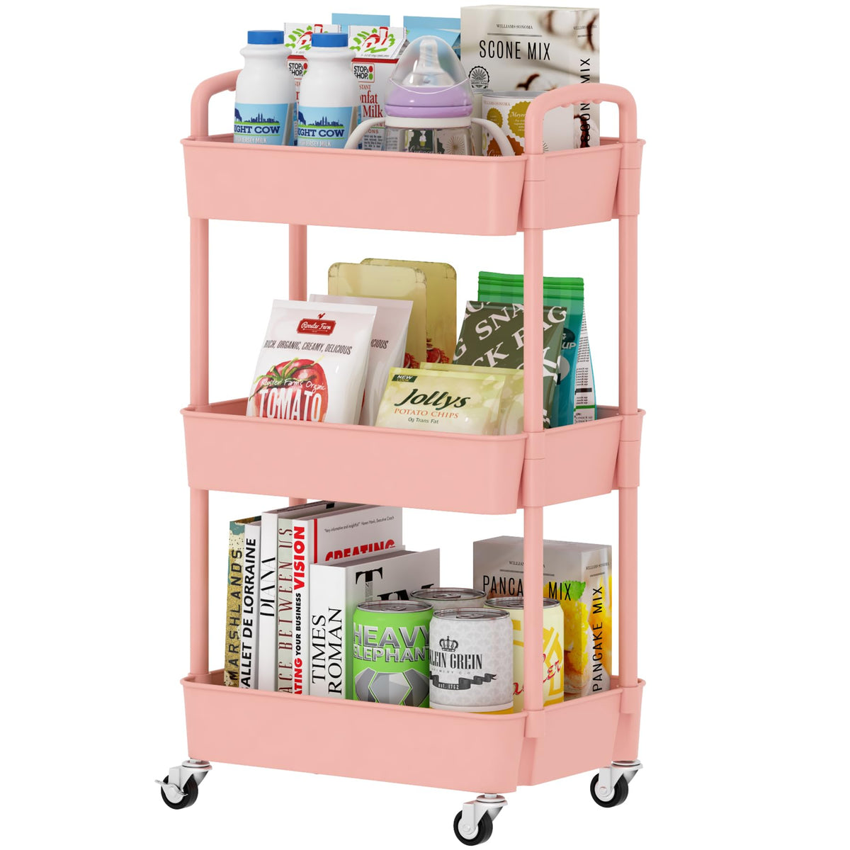Sywhitta 3Tier Plastic Rolling Utility Cart With Handle, Multifunctional Storage Trolley For Office, Living Room, Kitchen, Mov