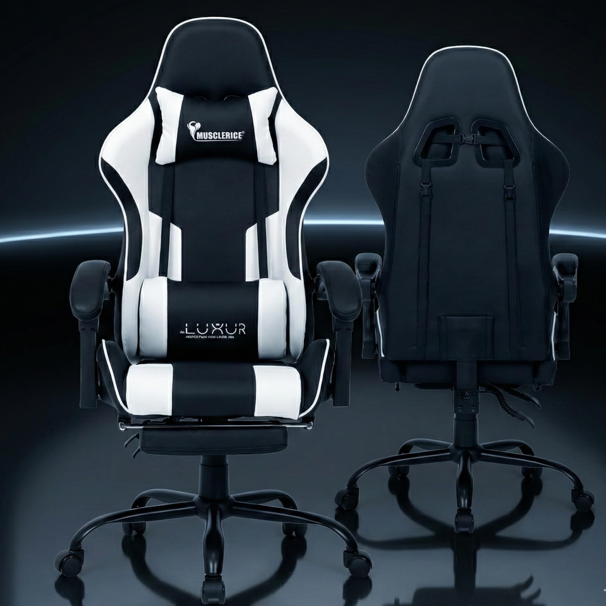 Dr Luxur Musclerice Gaming Office Chair Ergonomic Lumbar Support, Pu Leather High Back, Swivel Task Chair With Footrest, Removab