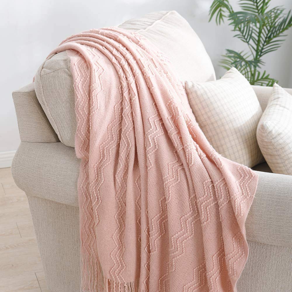Bourina Throw Blanket Textured Solid Soft Sofa Throw Couch Cover Knitted Decorative Blanket, 50'' X 60'' Pink