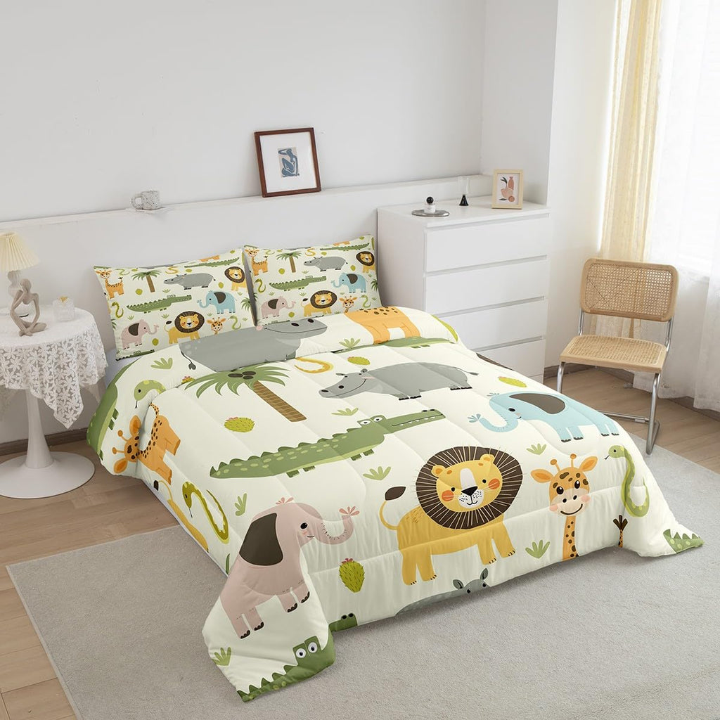 Nursery Cute Wild Animals Bedding Set For Girls Boys Child Kids Cartoon Lion Giraffe Crocodile Comforter Decor Nature Wildlife Comforter Set Zoo Animal Theme Duvet Set Full Size Quilt Set