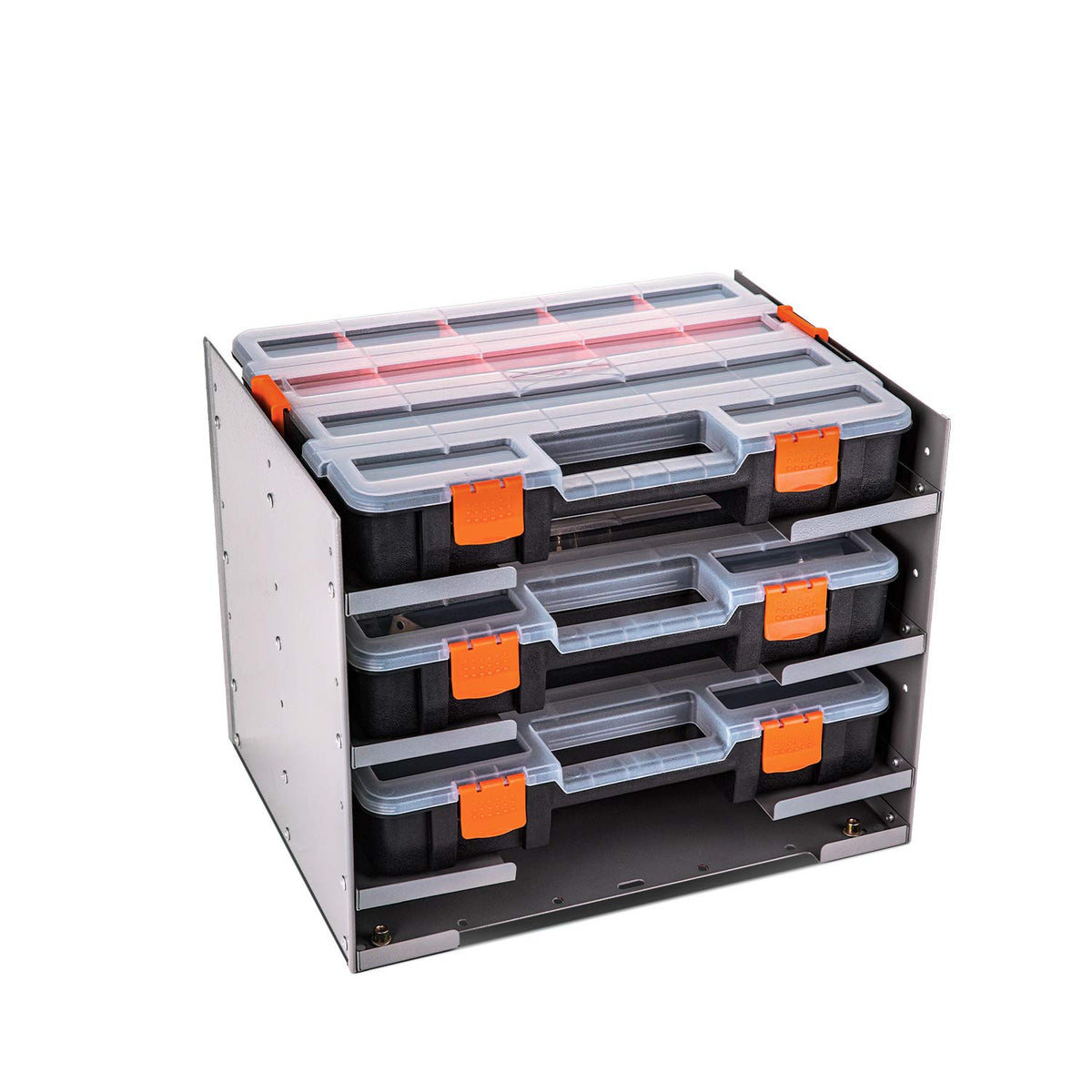 P-Sh-Tote Shelf Kit For Van Shelving Storage, 3 Plastic Storage Box W/ 1 Set Organizer Holder For Small Parts, Screws And Hardwa
