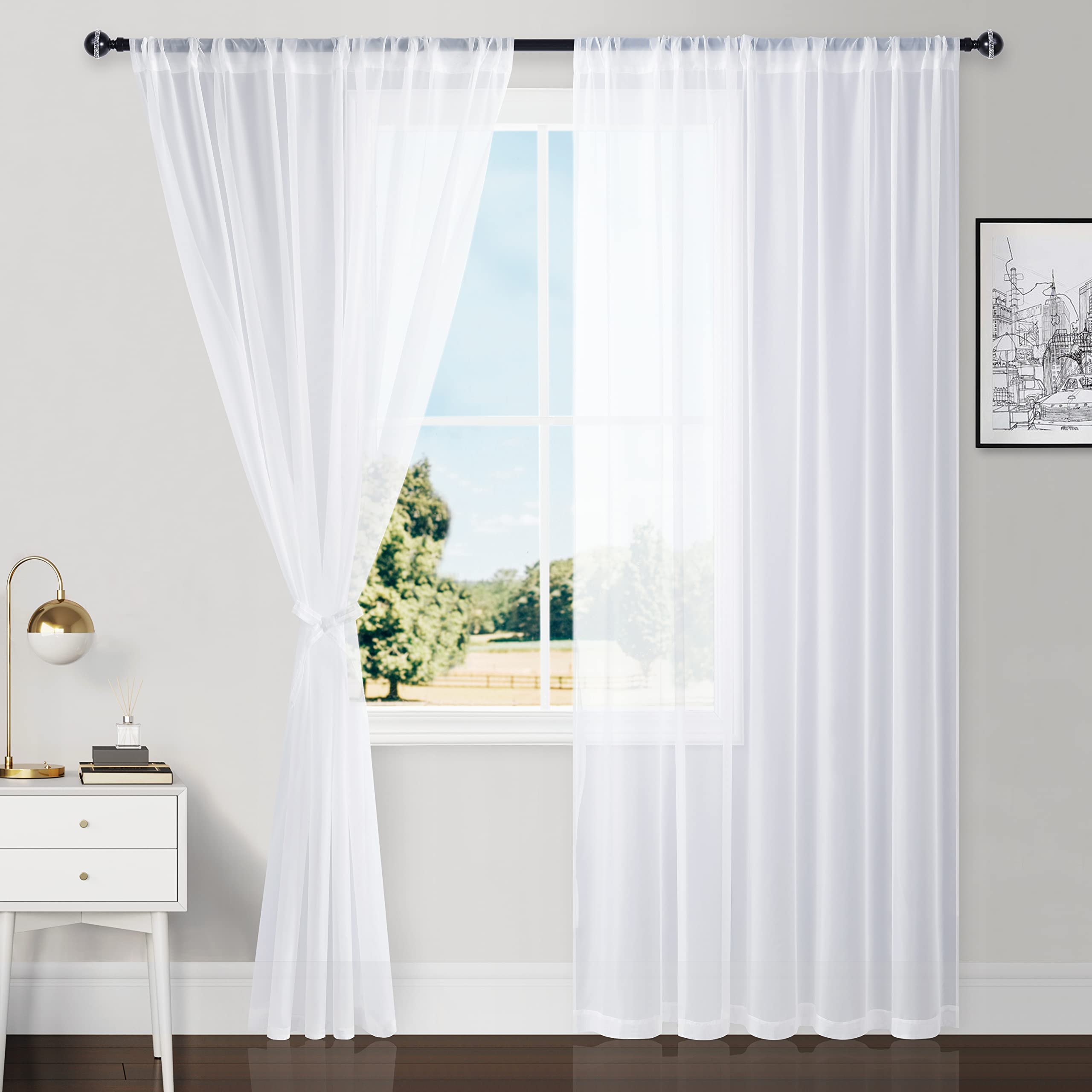 Hiasan White Sheer Curtains For Bedroom With Tiebacks, Rod Pocket Light Filtering Extra Wide Voile Texture Window Curtains For L