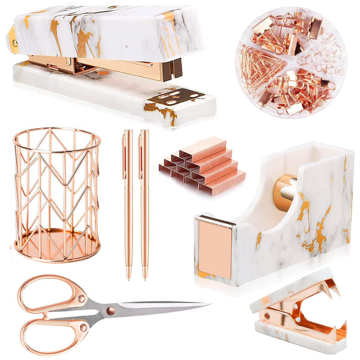 Rose Gold Marble Desk Accessories, Office Supplies Set Stapler Staple Remover, Tape Holder, Pen 2 Ballpoint Pen, Scissor, Binder