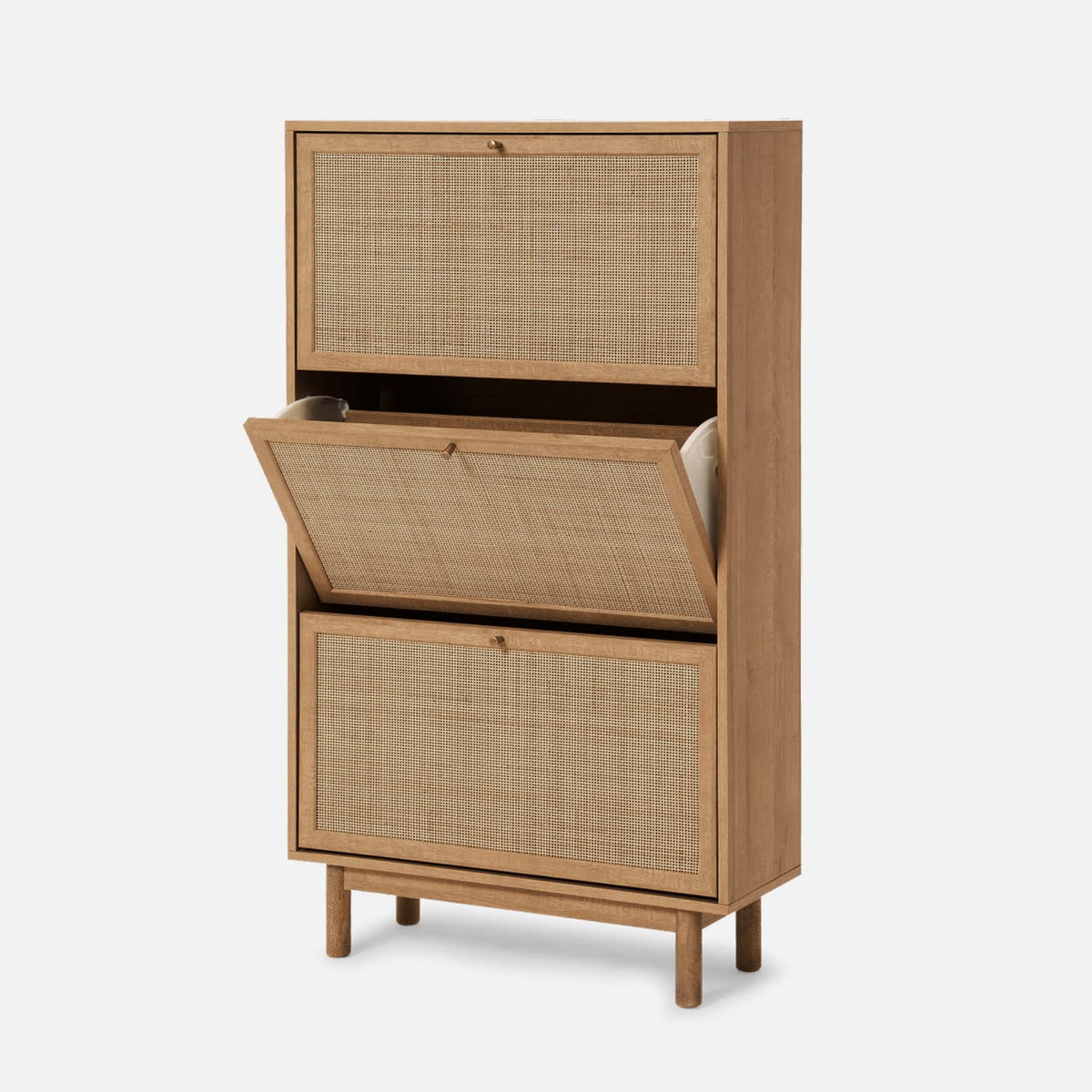 mopio Hannah Shoe Cabinet, Natural Rattan Farmhouse Shoe Storage Organizer, 3 Door Closet Rack for Entryway, Spacious Hallway St
