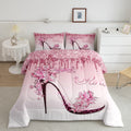 Woman Pink Bedding Set King Size,Flowers Butterfly High Heels Comforter Set For Kids Girls Home Decor,Fantasy Glitter Quilt Set Romantic Paris Duvet Insert,2 Pillowcases,Valentine Day Gifts