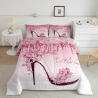 Woman Pink Bedding Set King Size,Flowers Butterfly High Heels Comforter Set For Kids Girls Home Decor,Fantasy Glitter Quilt Set Romantic Paris Duvet Insert,2 Pillowcases,Valentine Day Gifts