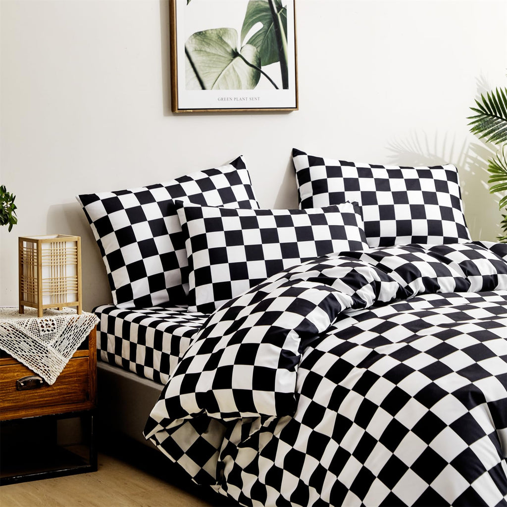 Clothknow Black Plaid King Comforter Set 3Pcs Black White Grid Bedding Comforter Sets Checker Comforter Soft Black And White King Size Comforter Sets