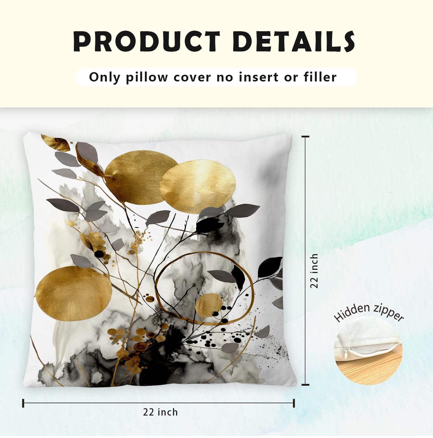 Supwhd Black And Gold Botanical Pillow Covers 22X22 Set Of 2, Abstract Modern Decorative Throw Pillow Covers For Living Room Bed