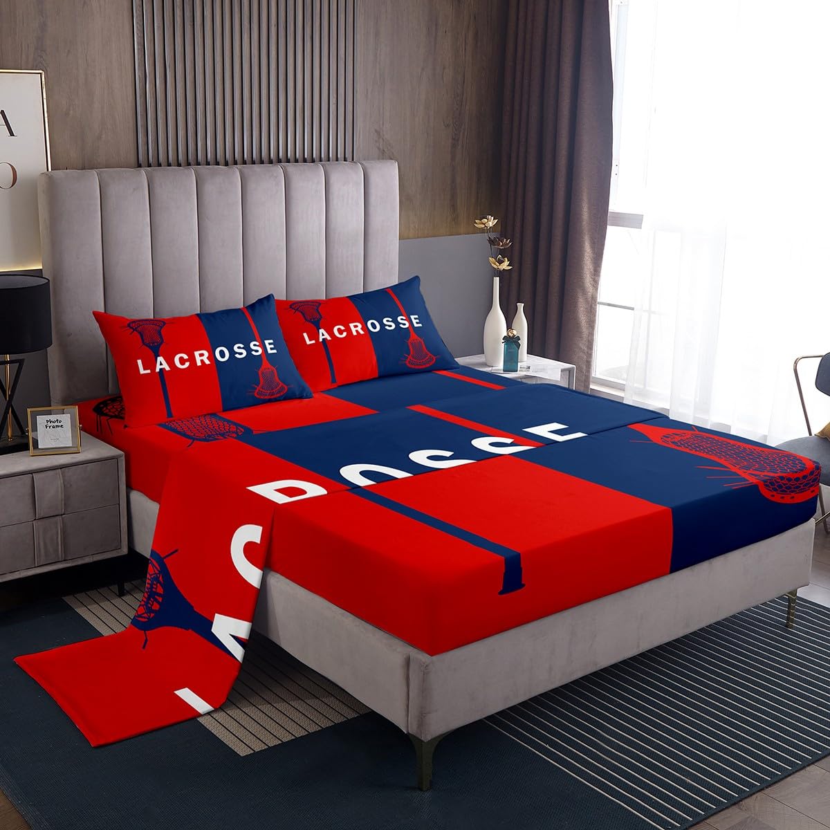 Lacrosse Bed Set Ball Sports Theme Sheet Set for Boys Girls Lacrosse Player Games Bed Sheets Blue Red Decor Sheets with 2 Pillow