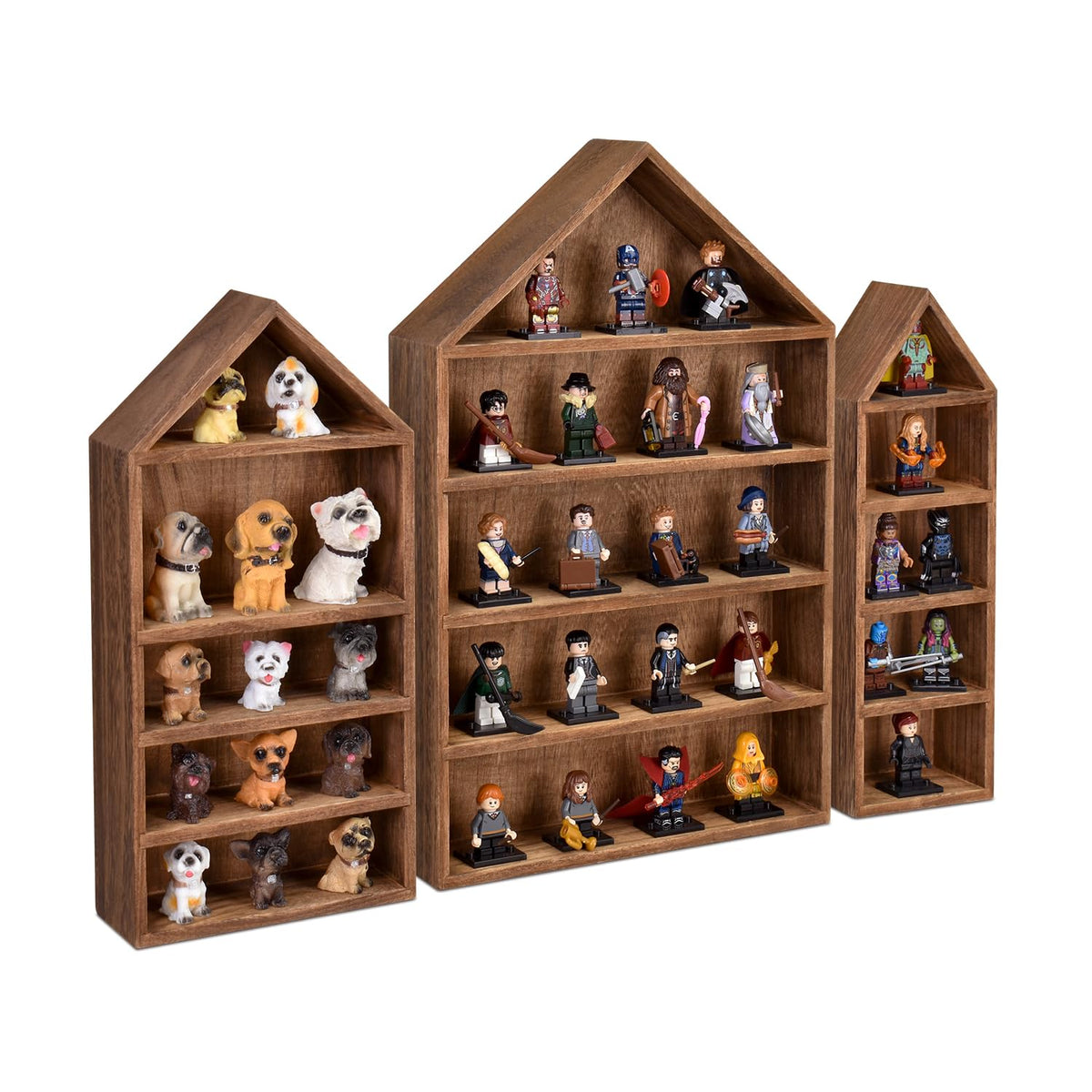 Ikee Design 3 Pcs Set House-Shaped Shelf Wooden Shadow Cubby Box Display Shelf Organizer Storage Display Shadow Box for Mini Fig