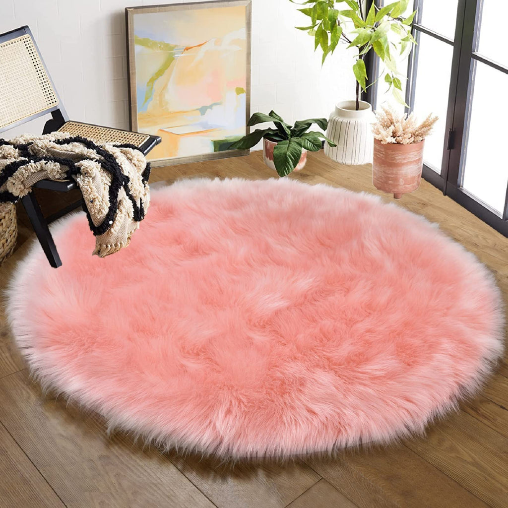 ORINOVA Pink Washable Fluffy Round Rugs for Bedroom Girls Shag Faux Sheepskin Fuzzy Fur Rugs for Living Room Circle Area Rug for