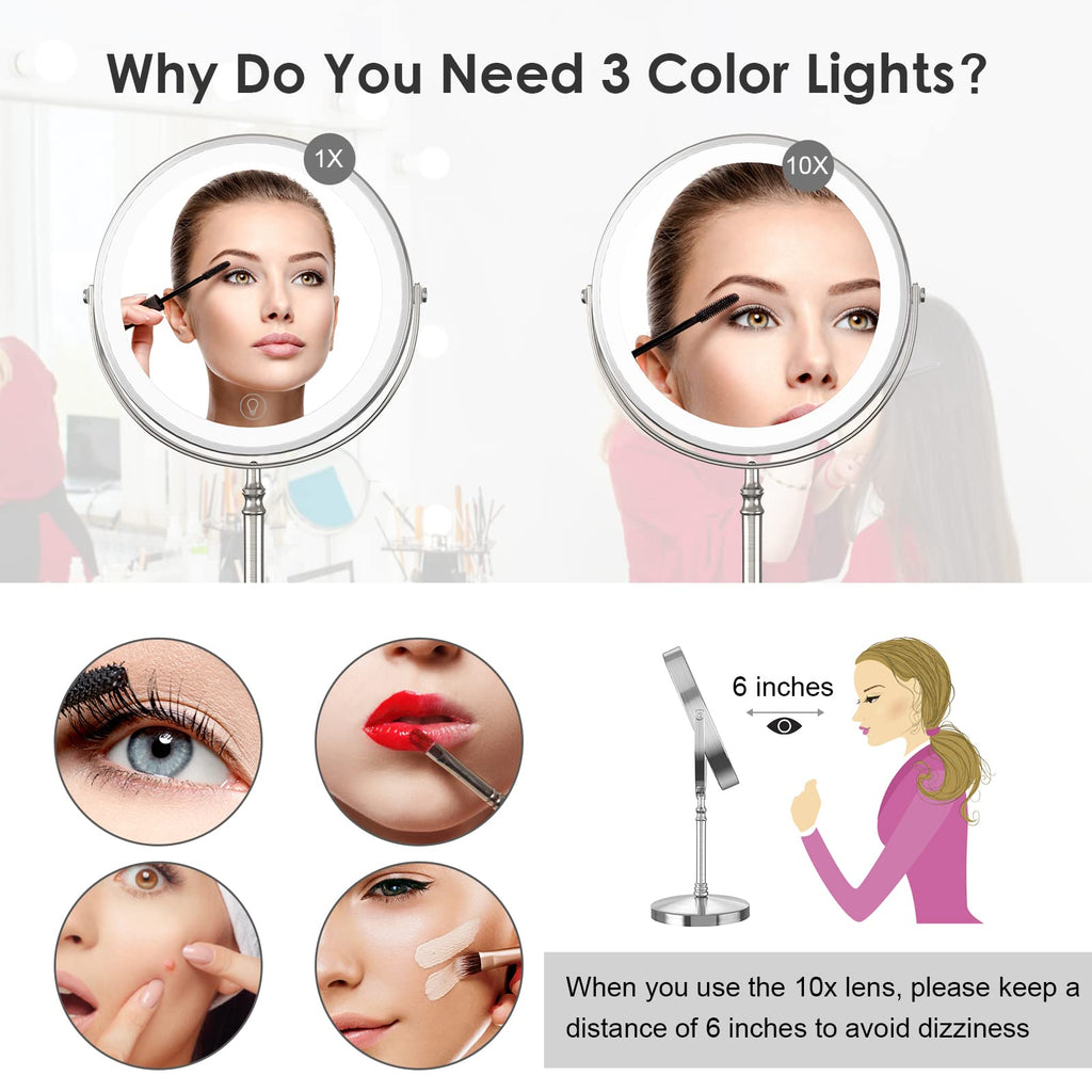 Lighted Makeup Mirror, 8' Rechargeable Double Sided Magnifying Mirror With 3 Colors, 1X/10X 360 Rotation Touch Screen Vanity Mi