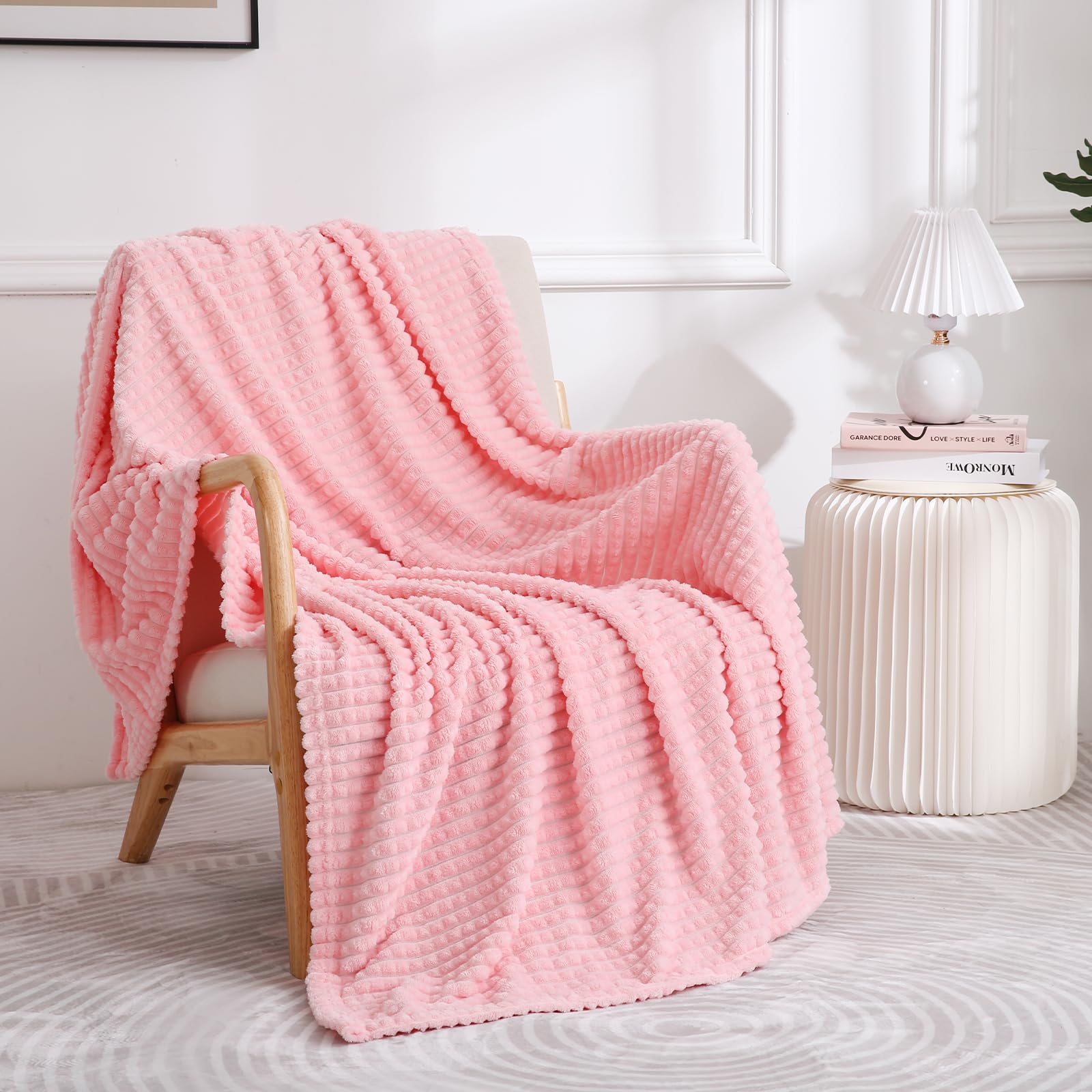Puncuntex Flannel Fleece Throw Blanket Light Pink 108''  90'',Super Soft Plush Cozy Blanket With Square Grid Design Luxury For C