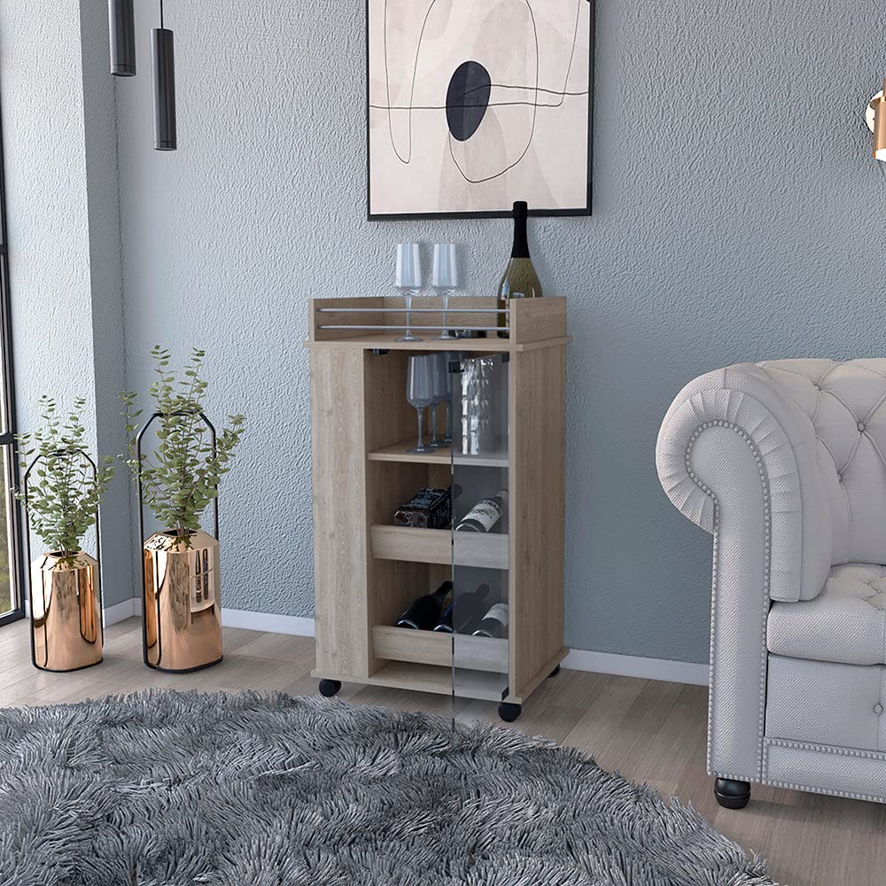 Bar Cart with Two-Side Shelves Beaver, Glass Door and Upper Surface, Light Gray