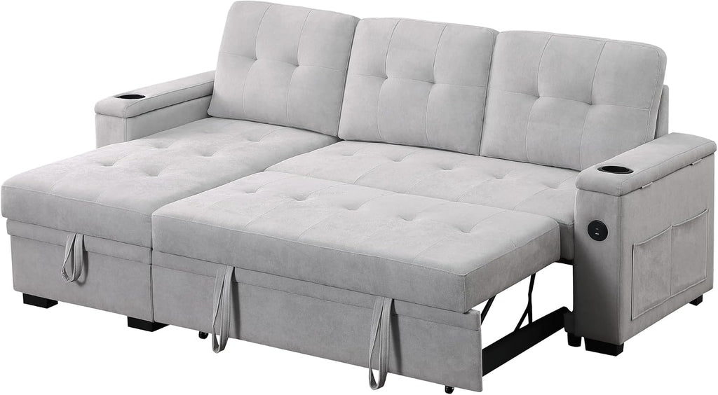 84W Gray Woven Fabric Reversible Sleeper Sectional Sofa