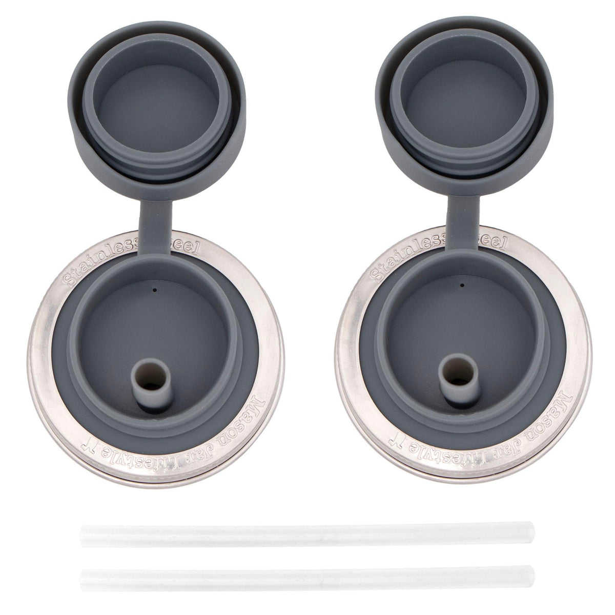 2 Pack Leak Proof Pop-Up Sippy Straw Lids For Regular Mouth Mason Jars (Charcoal Gray)