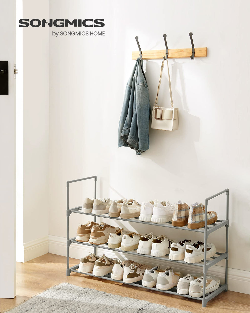 Songmics Shoe Rack, 3 Tier Shoe Organizer, Metal Shoe Storage Shelf For 15 Pairs Of Shoes, Easy To Assemble, Entryway, Grey Ulsa303G01