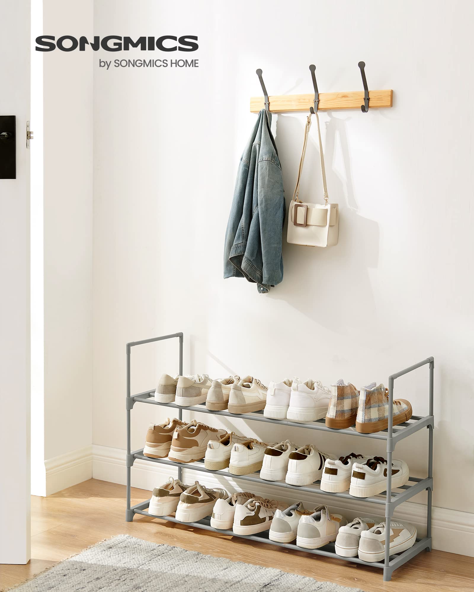 Songmics Shoe Rack, 3 Tier Shoe Organizer, Metal Shoe Storage Shelf For 15 Pairs Of Shoes, Easy To Assemble, Entryway, Grey Ulsa303G01