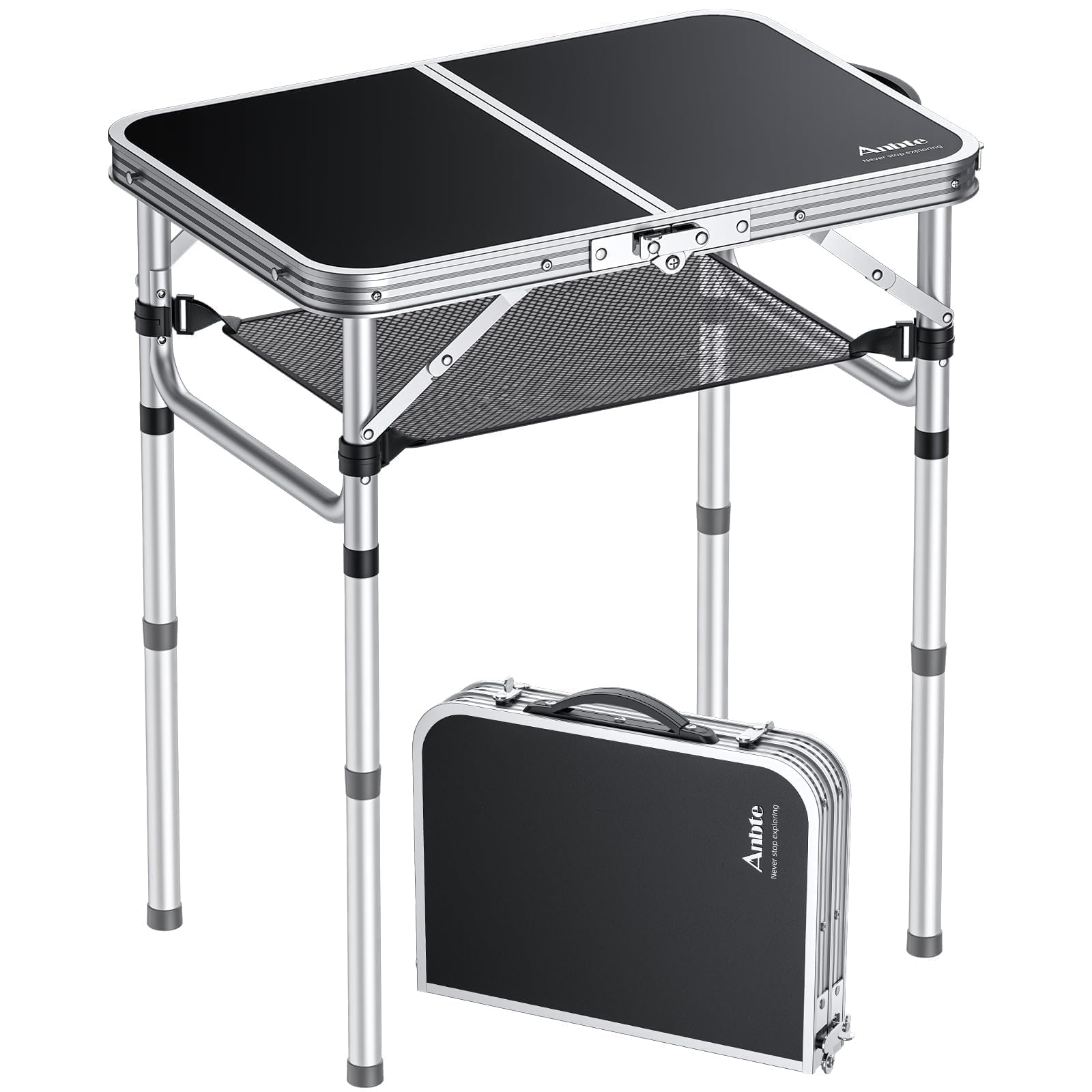 Anbte Folding Camping Table, Aluminum 24' X 16' Adjustable Height Small Folding Table With Carrying Handle, Lightweight, Portable Camping Table Waterproof For Outdoor Indoor Picnic Beach Bbq (Black)