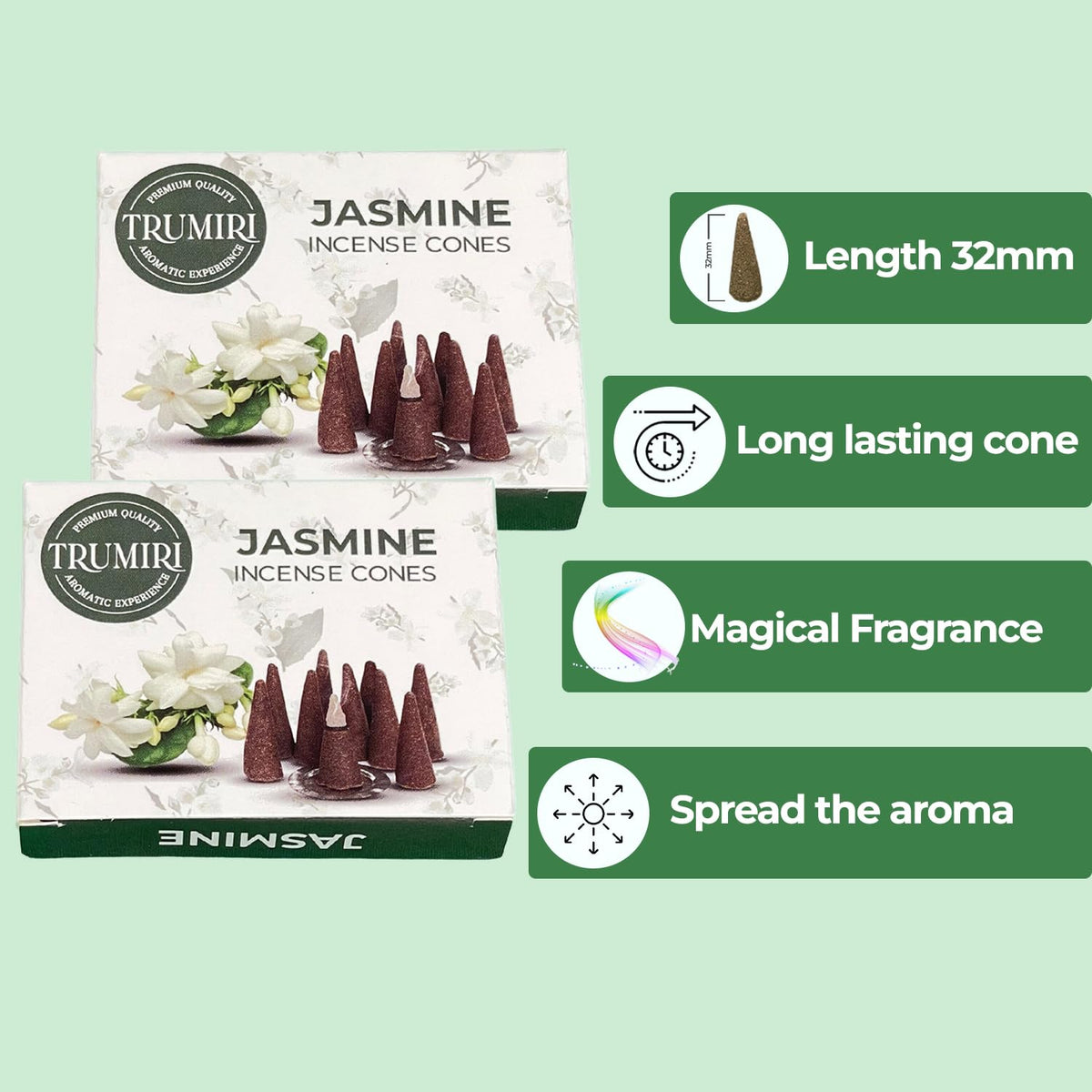 TRUMIRI Jasmine Incense Cones - Dual Pack of 20 Scented Cone Incense - Aromatic Home Fragrance - Relaxing and Calming Scents