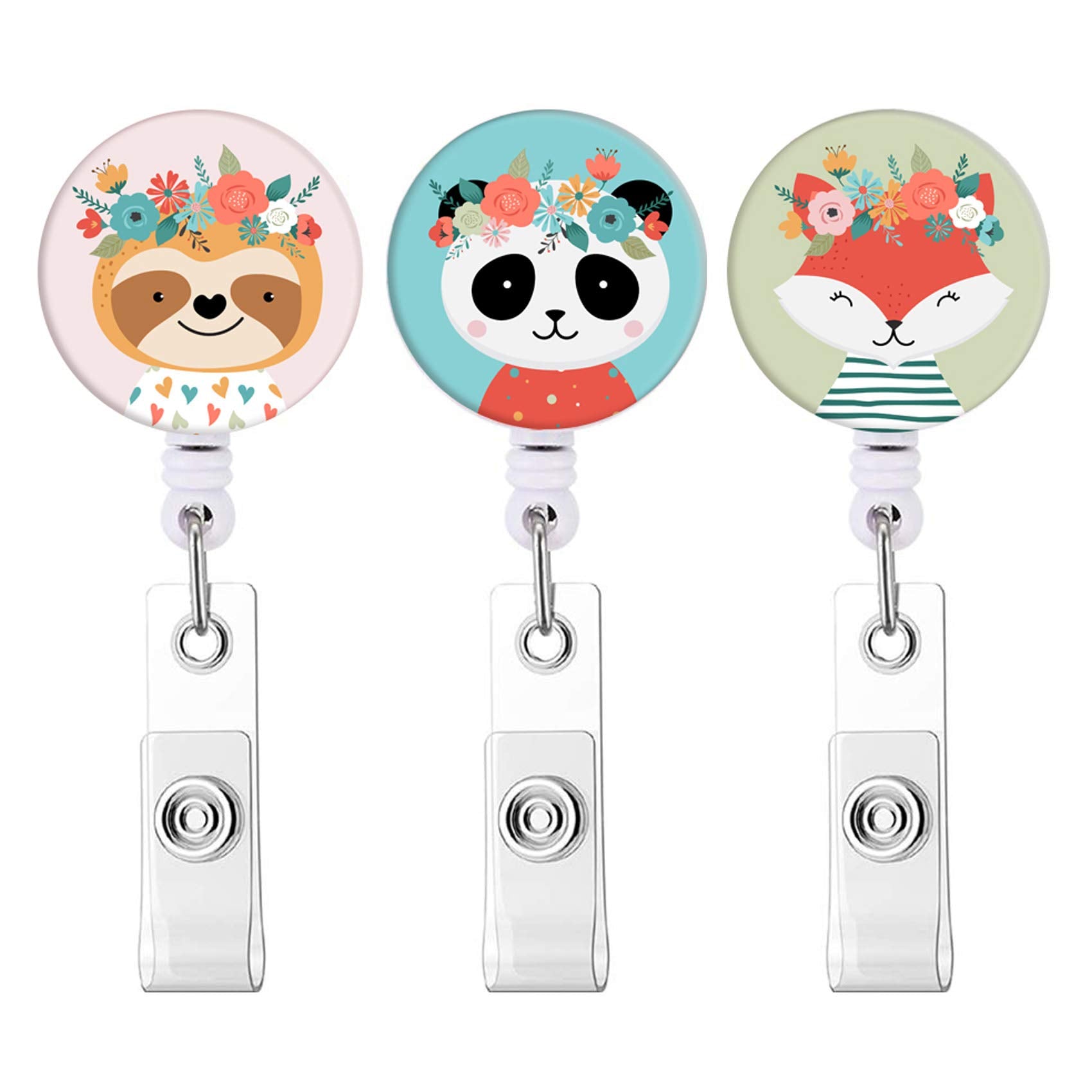 Retractable Badge Holders, Cute Nursing Badge Reel, Badge Clip Id Card Holders (3Pack(Panda-Fox-Sloth))