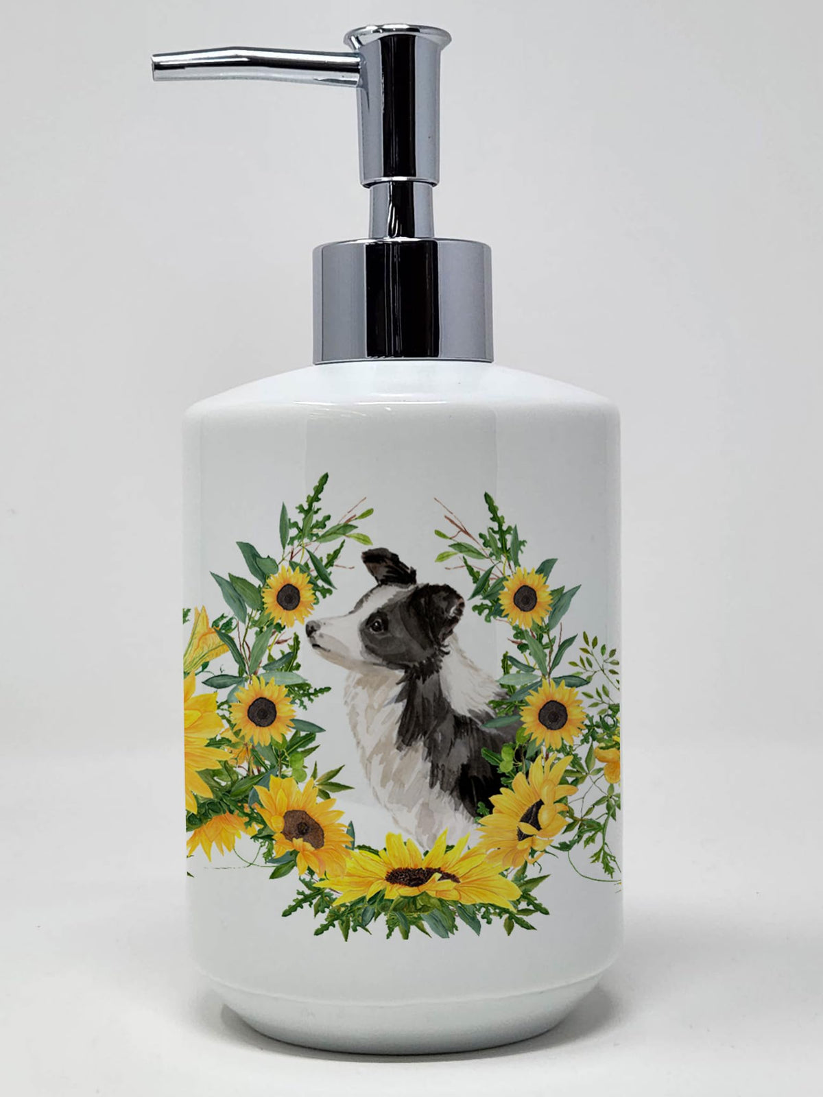 Caroline's Treasures CK2949SOAP Border Collie in Sunflowers Ceramic Soap Dispenser Hand Soap Dispenser Pump Bottles for Bathroom