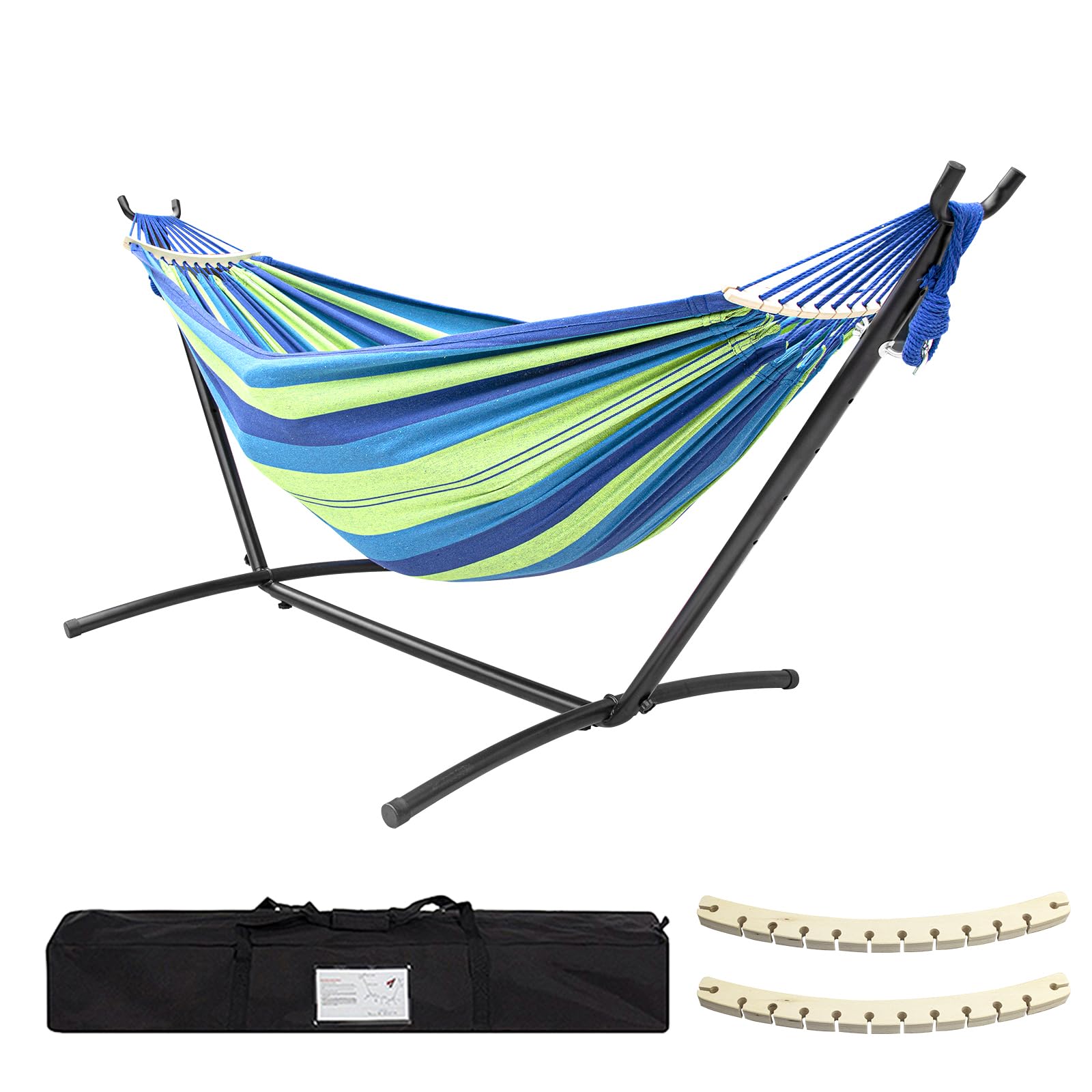 Szhlux Double Hammock With Stand Included 450Lb Capacity Steel Stand, Premium Carry Bag Included.Indoor Outdoor Brazilian-Style Cotton Bed For Backyard, Camping,Garden,Green