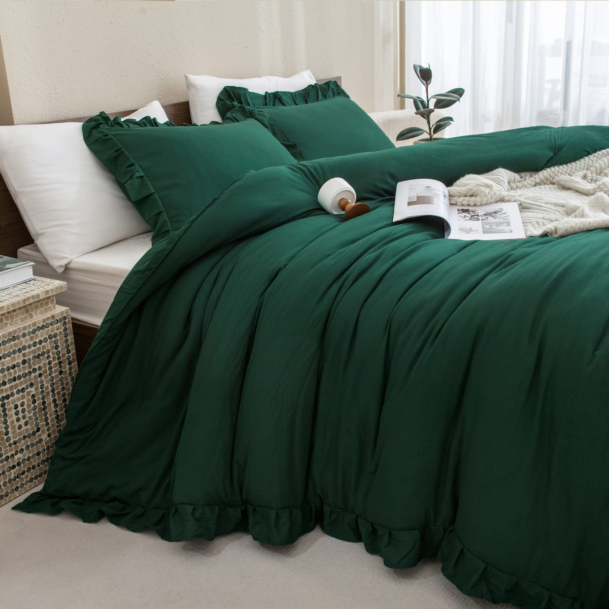 Andency Dark Green Ruffle Comforter Set, 2 Pieces Kids Comforter Set Twin(66X90Inch), Farmhouse Shabby Chic Comforter Set, Soft Microfiber Kids Bedding Set
