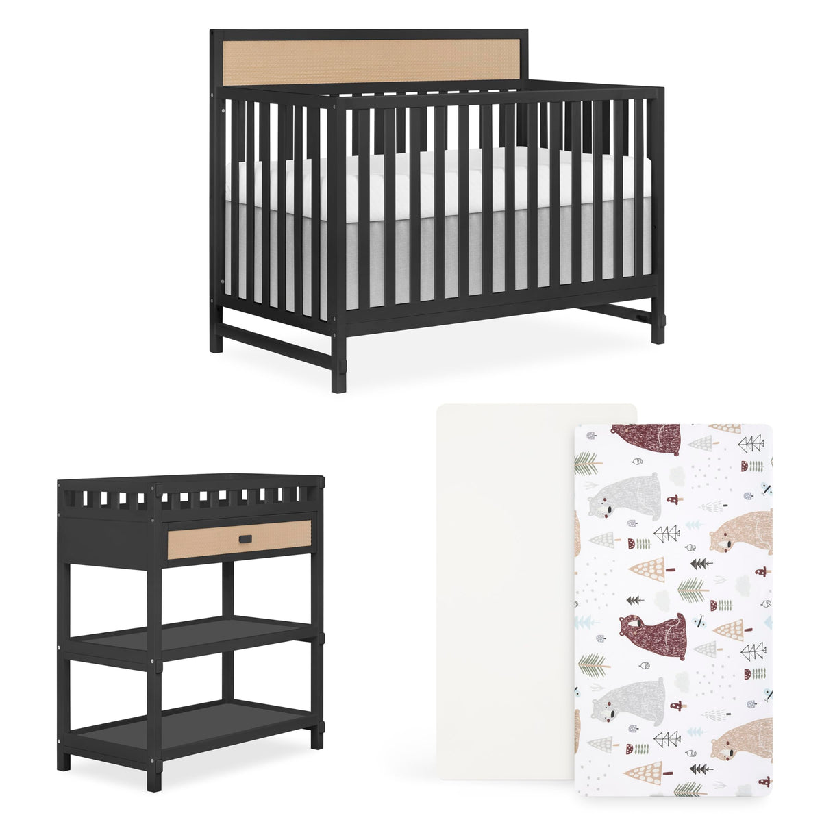Dream On Me Bear Basics Bundle, Includes Kai Convertible Crib, Grizzly Bear 2-Piece Sheet Set and Complementary Doula Changing T