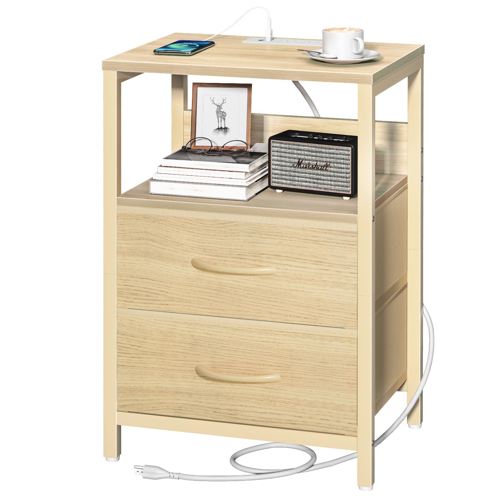 Yoobure Nightstand with Charging Station, Small Night Stand with Fabric Drawers and Storage Shelf for Bedrooms, Nightstands for 